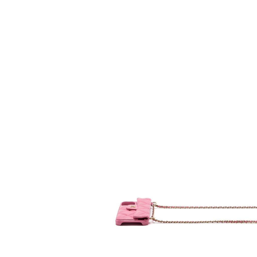 CHANEL 21P PEARL CRUSH PHONE CASE WITH CHAIN FOR IPHONE 12 LAMBSKIN PINK LGHW