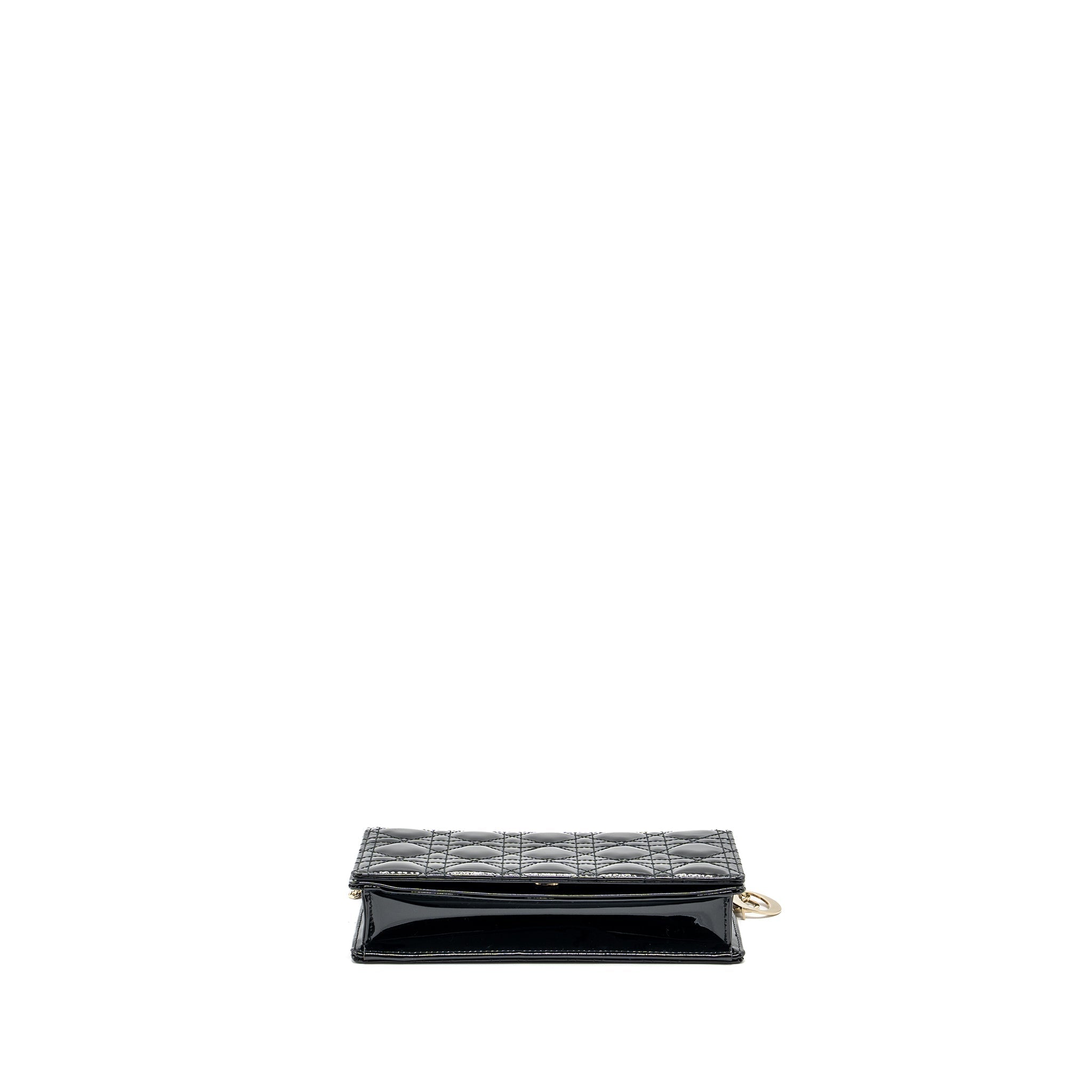 DIOR LADY DIOR POUCH WALLET ON CHAIN PATENT BLACK LGHW