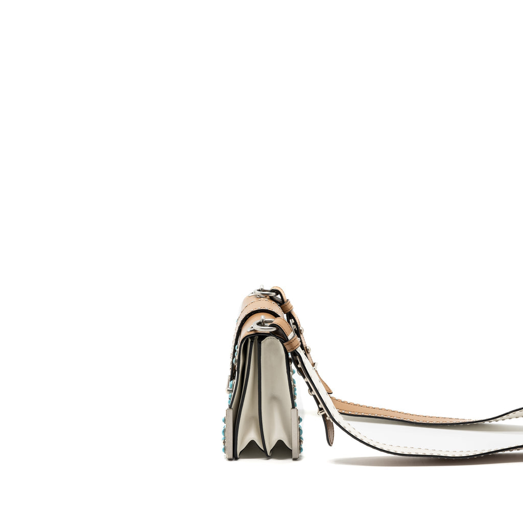 PRADA CAHIER EMBELLISHED TWO-TONE LEATHER SHOULDER BAG WHITE / CARAMEL SHW