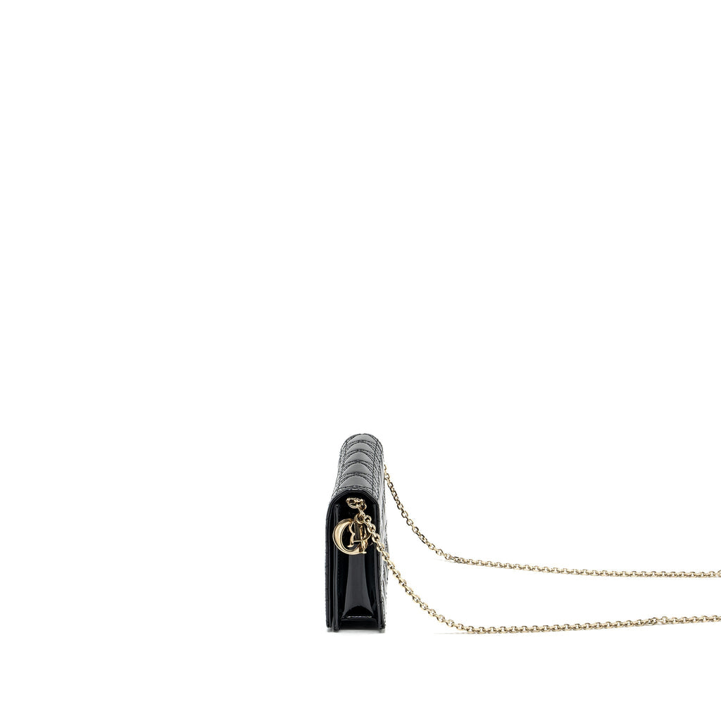 DIOR LADY DIOR POUCH WALLET ON CHAIN PATENT BLACK LGHW