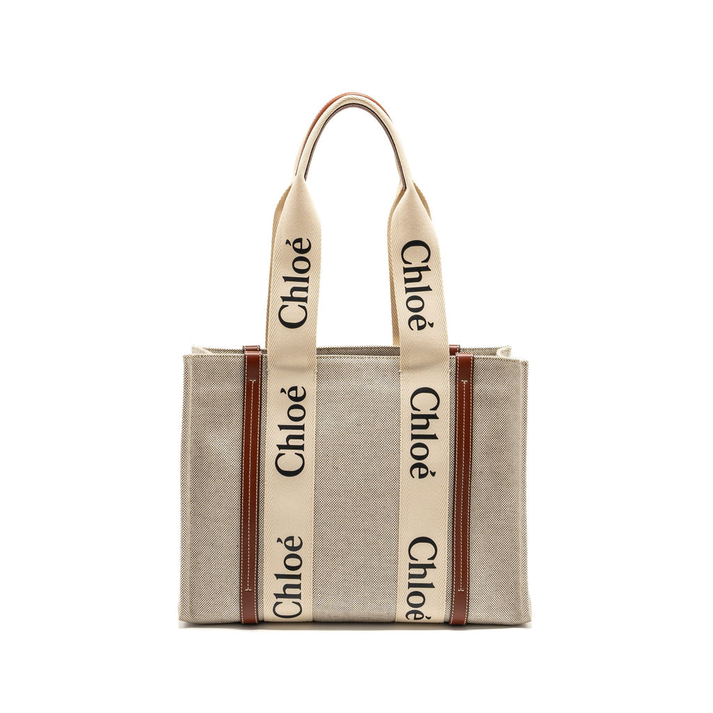 CHLOE WOODY TOTE BAG CANVAS IVORY / BROWN