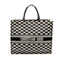 DIOR LARGE BOOK TOTE WHITE CHECKERED EMBROIDERED CANVAS BLACK / WHITE