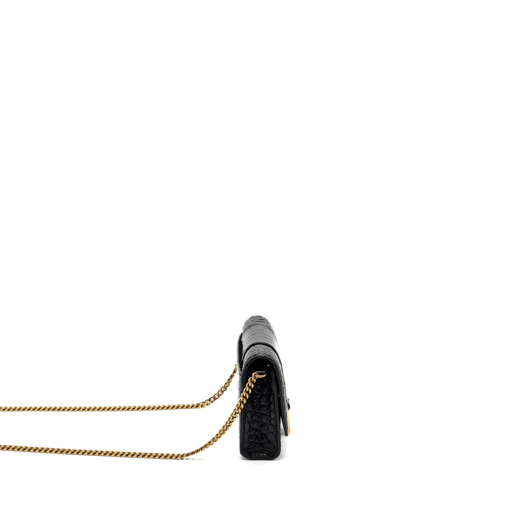 BALENCIAGA HOURGLASS WALLET ON CHAIN CROC EMBOSSED CALFSKIN BLACK GHW