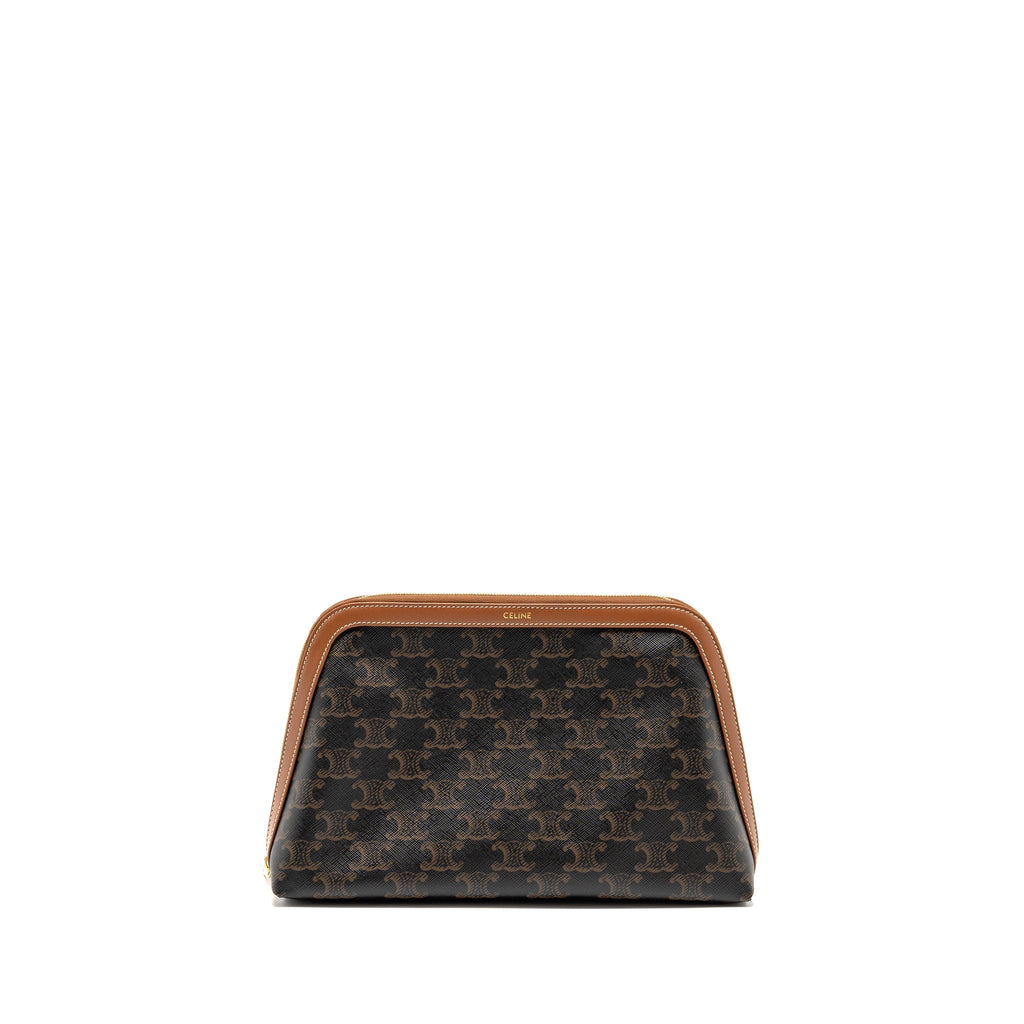CELINE LARGE COSMETIC POUCH TRIOMPHE CANVAS/CALFSKIN TAN GHW