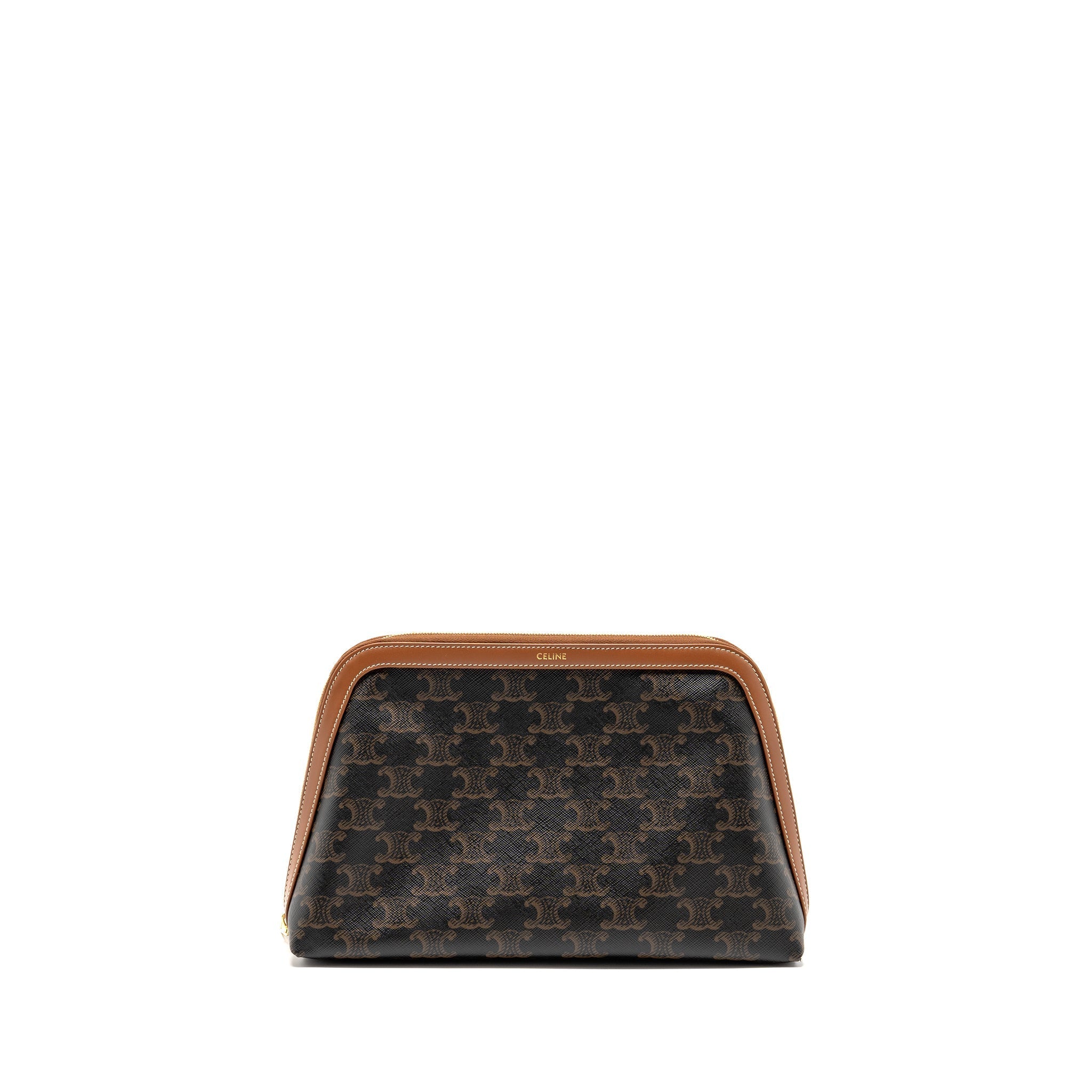 CELINE LARGE COSMETIC POUCH TRIOMPHE CANVAS/CALFSKIN TAN GHW