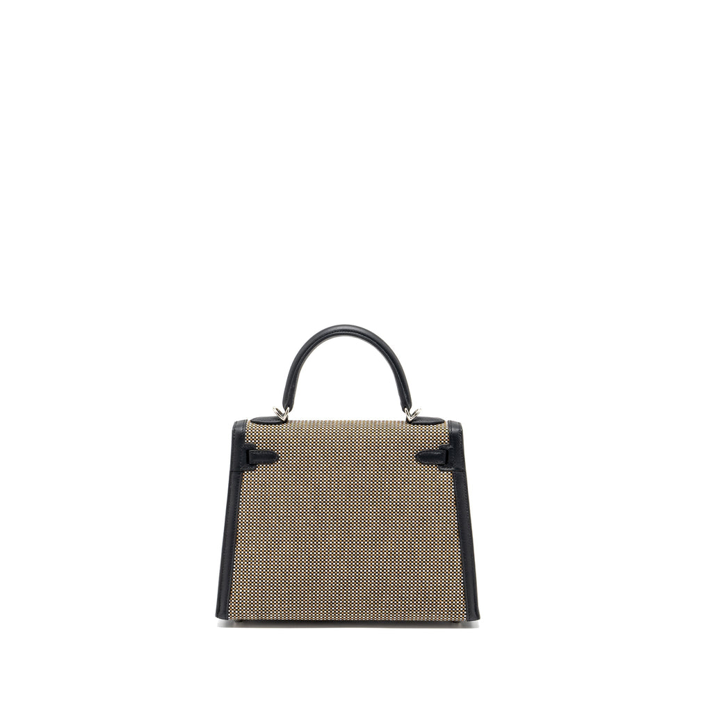 HERMES KELLY 25 SELLIER TOILE QUADRILLE /SWIFT BLACK-BLANC-DESERT / BLACK SHW