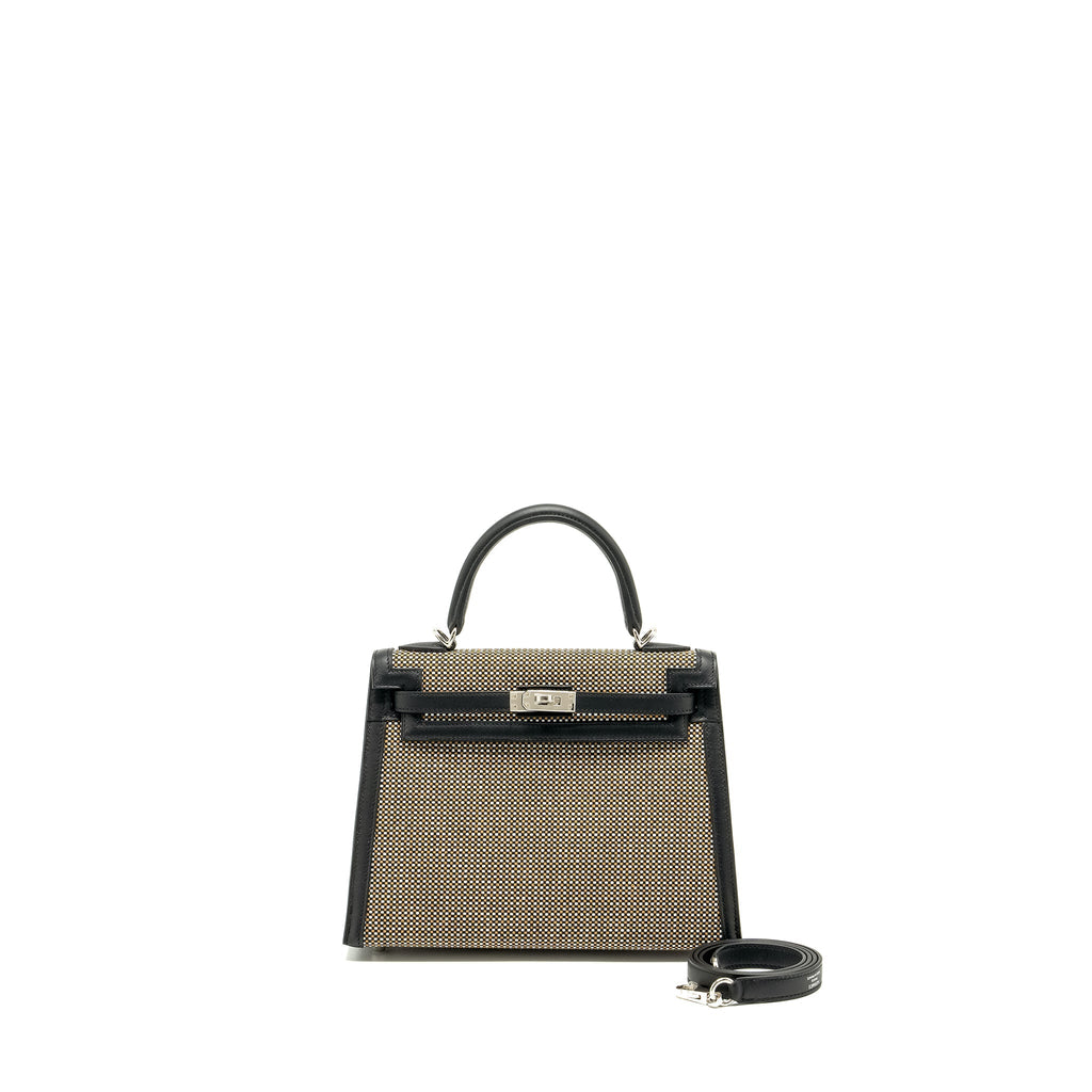 HERMES KELLY 25 SELLIER TOILE QUADRILLE /SWIFT BLACK-BLANC-DESERT / BLACK SHW