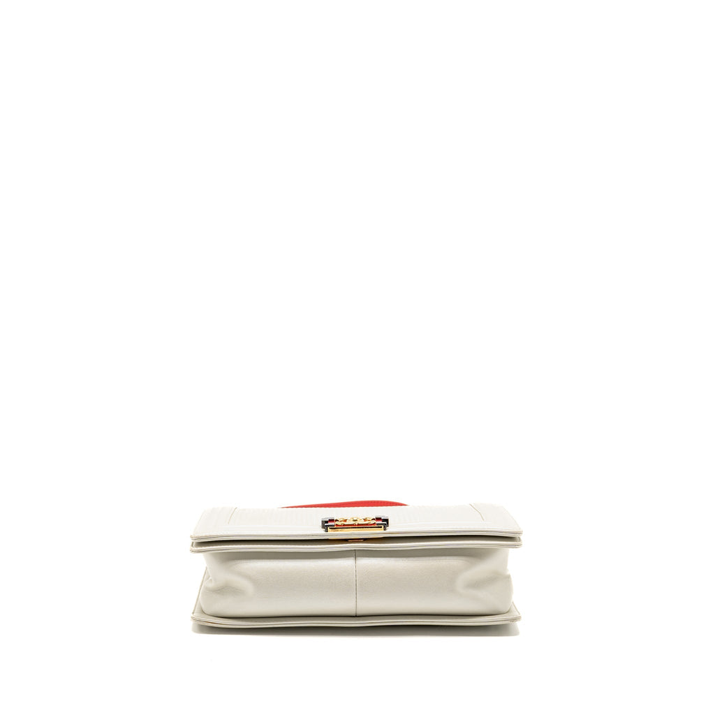 CHANEL BOY BAG METAL SQUARED LAMBSKIN WHITE/RED GHW