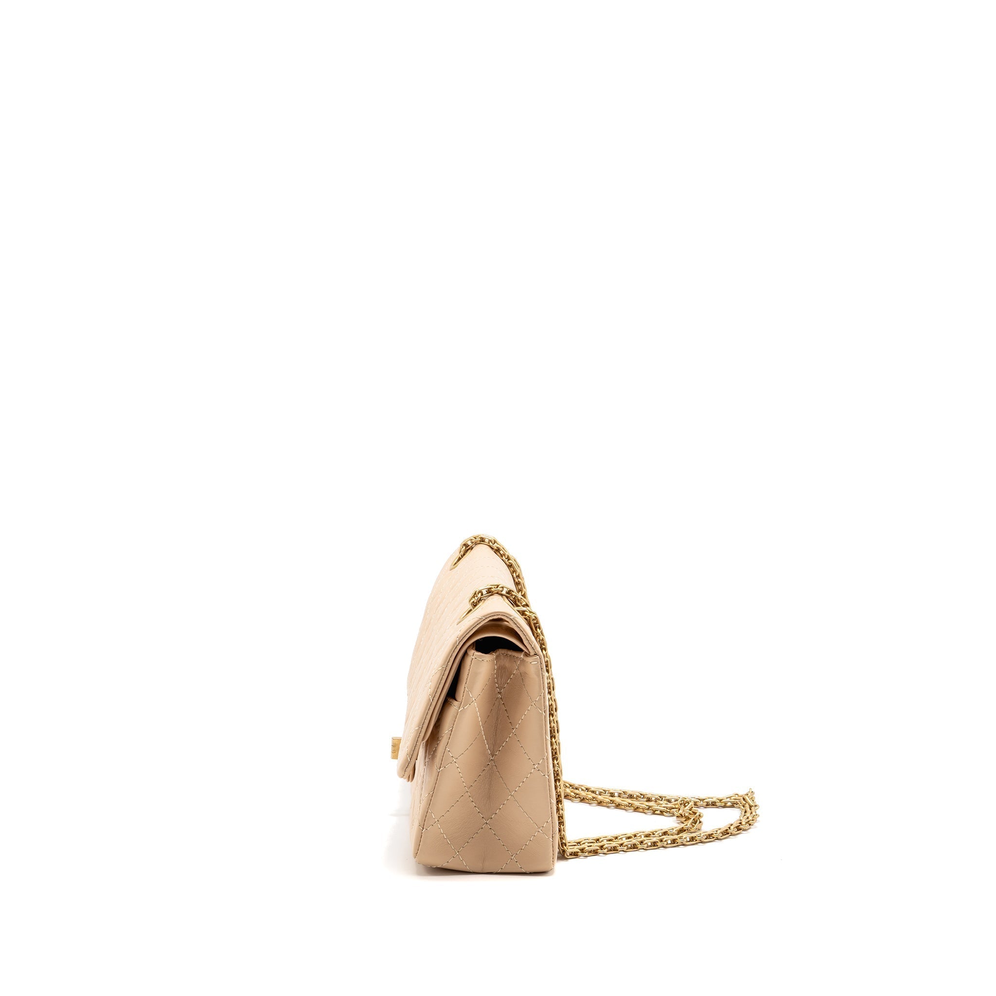 CHANEL SMALL 2.55 REISSUE DOUBLE FLAP BAG AGED CALFSKIN BEIGE GHW