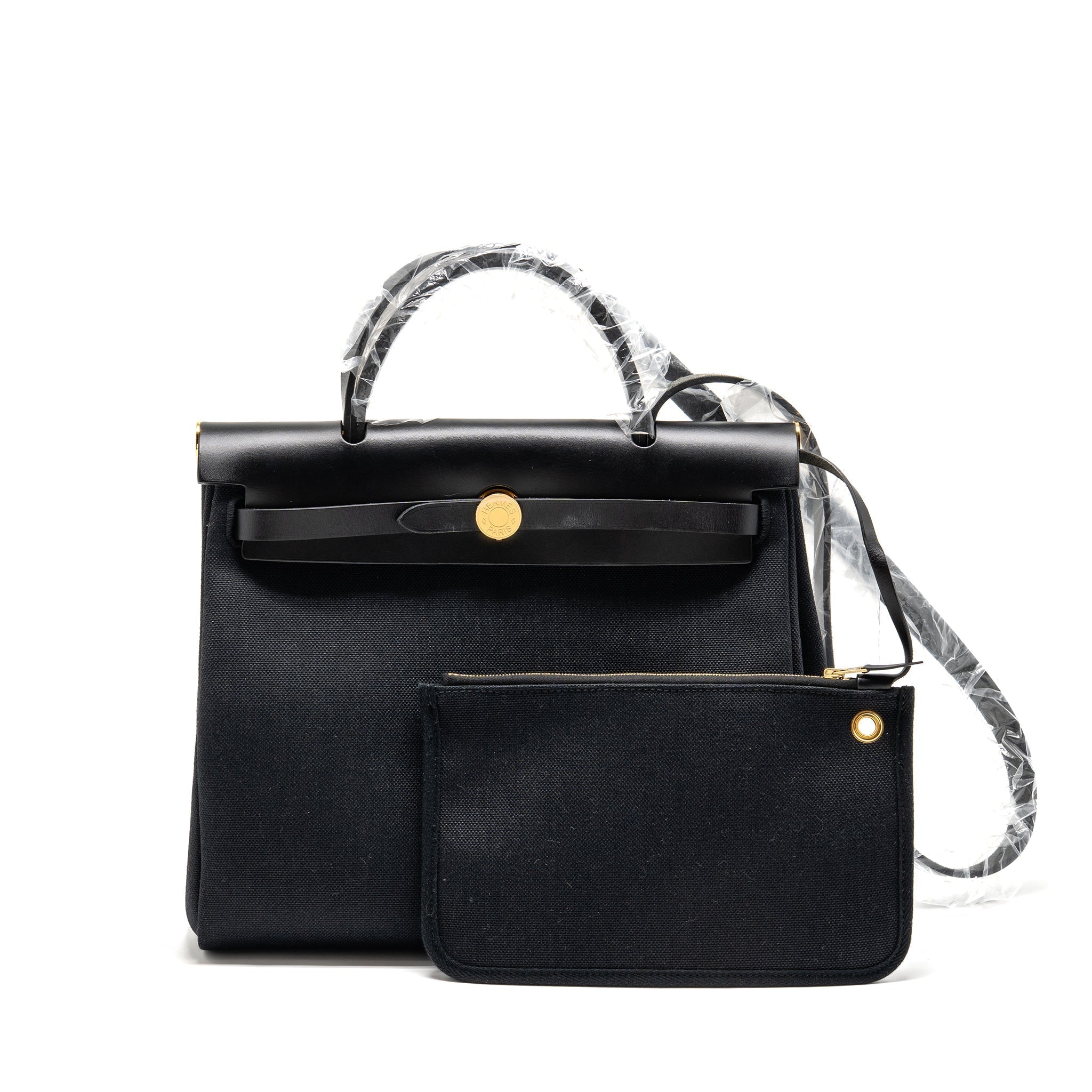 HERMES HERBAG 31 ZIP BAG CANVAS/HUNTER LEATHER BLACK GHW