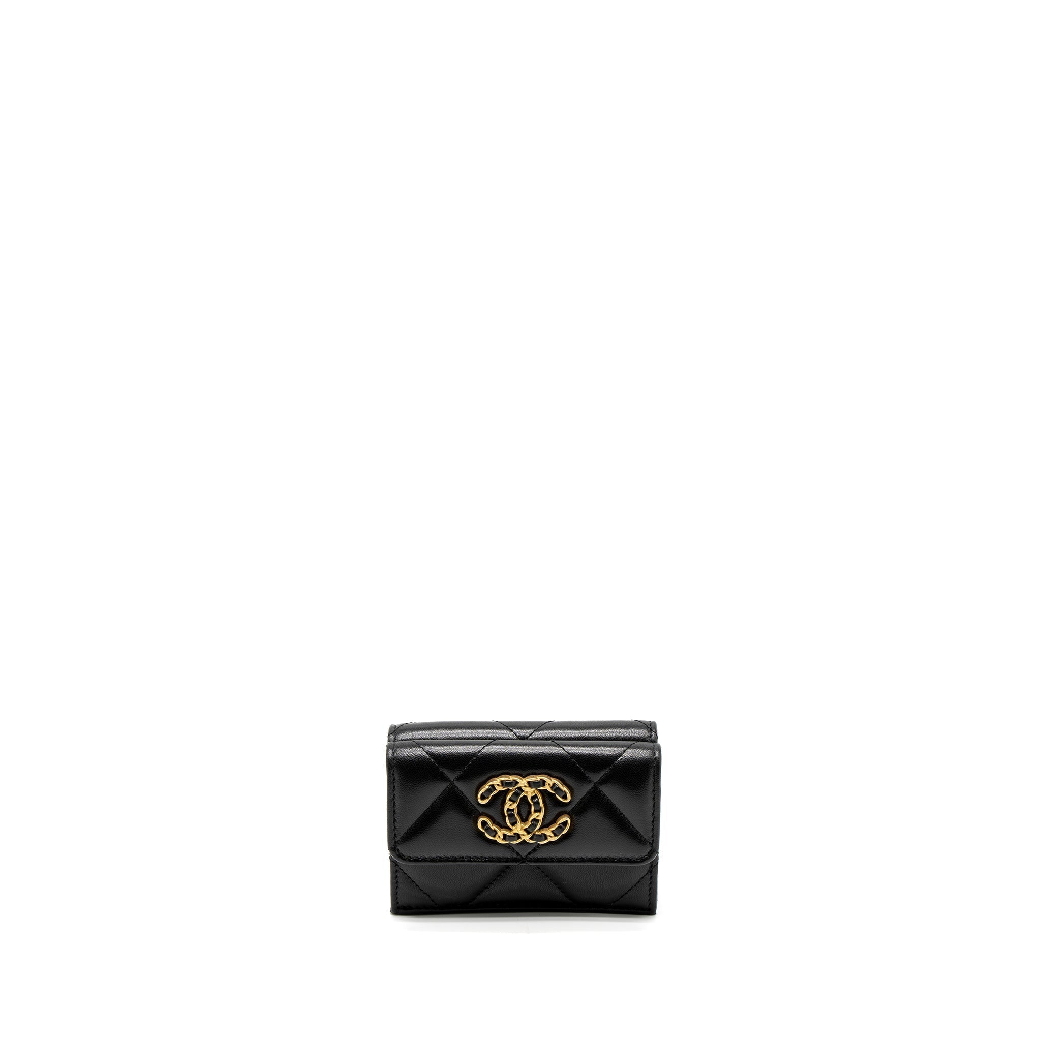 CHANEL 19 FLAP COMPACT WALLET LAMBSKIN BLACK GHW (MICROCHIP)
