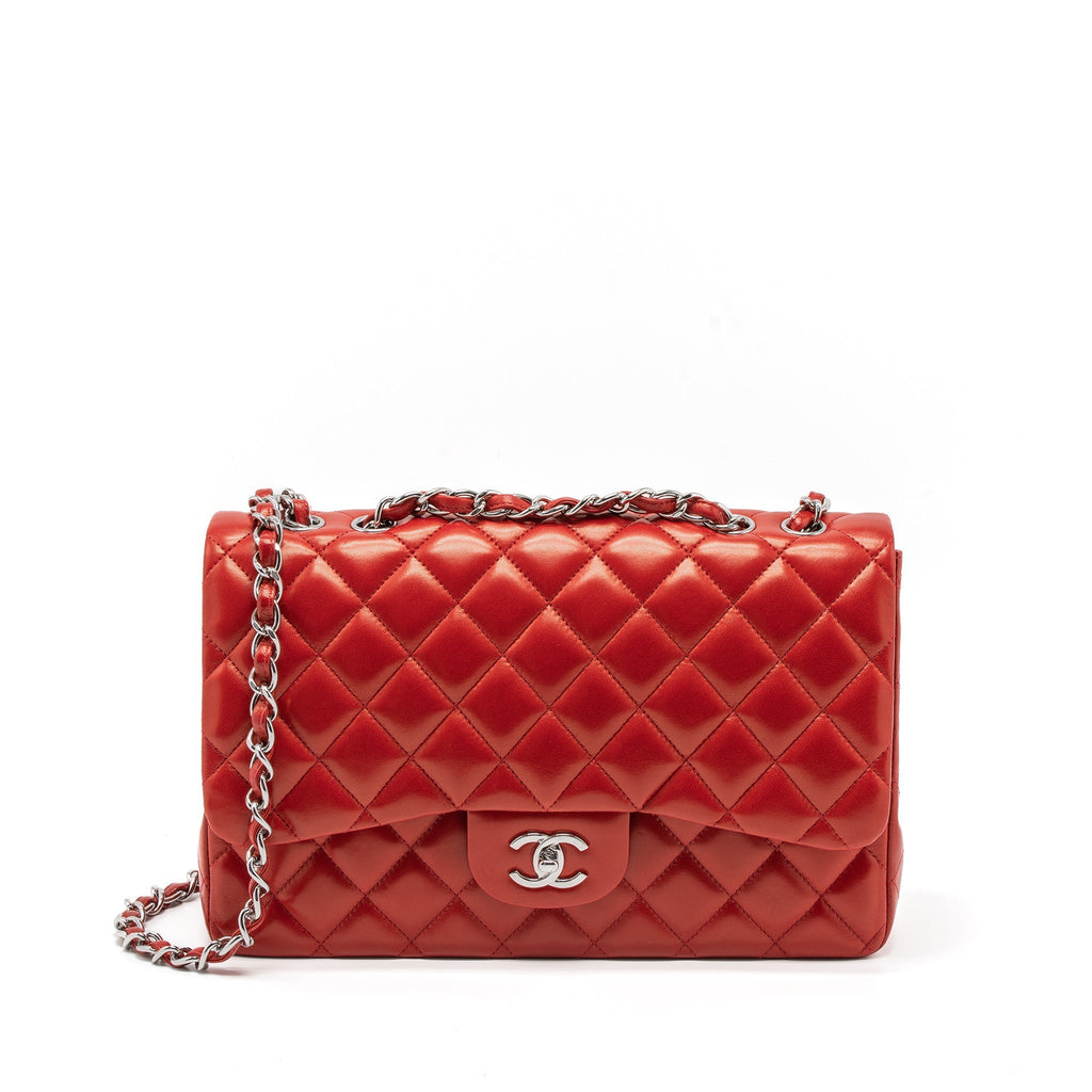 CHANEL JUMBO CLASSIC SINGLE FLAP BAG LAMBSKIN RED SHW