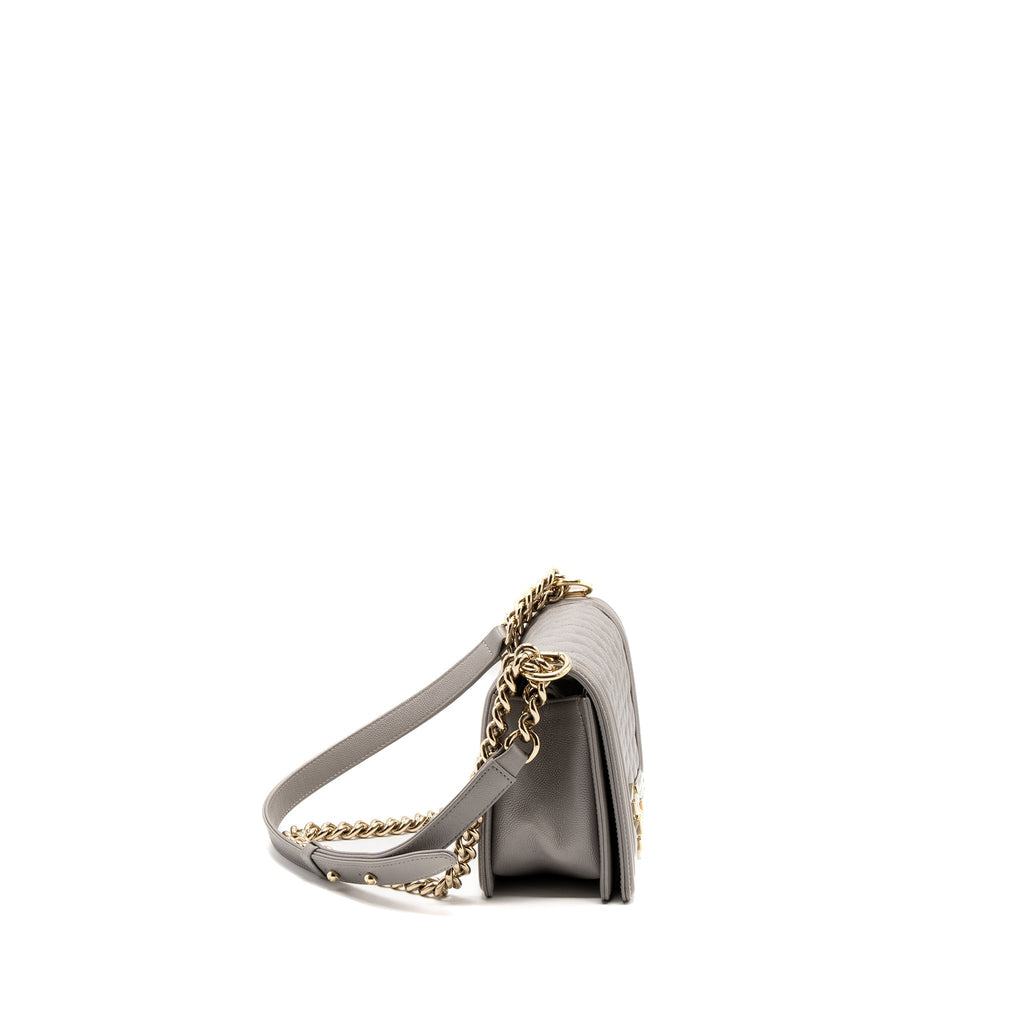CHANEL MEDIUM BOY BAG CAVIAR LIGHT GREY LGHW
