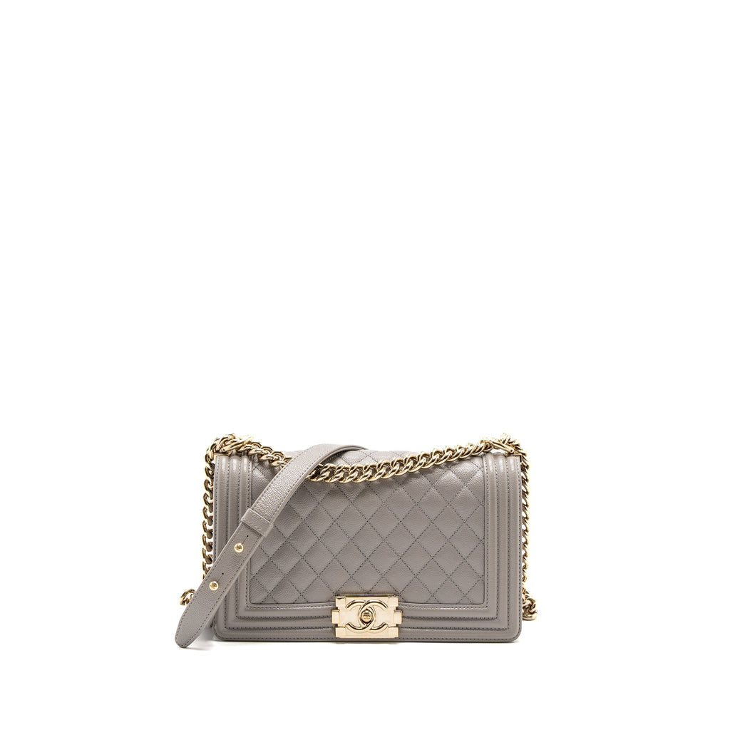 CHANEL MEDIUM BOY BAG CAVIAR LIGHT GREY LGHW