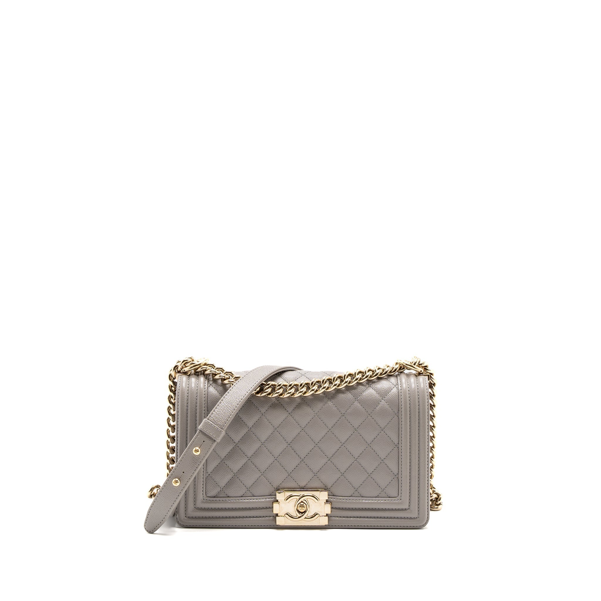 CHANEL MEDIUM BOY BAG CAVIAR LIGHT GREY LGHW