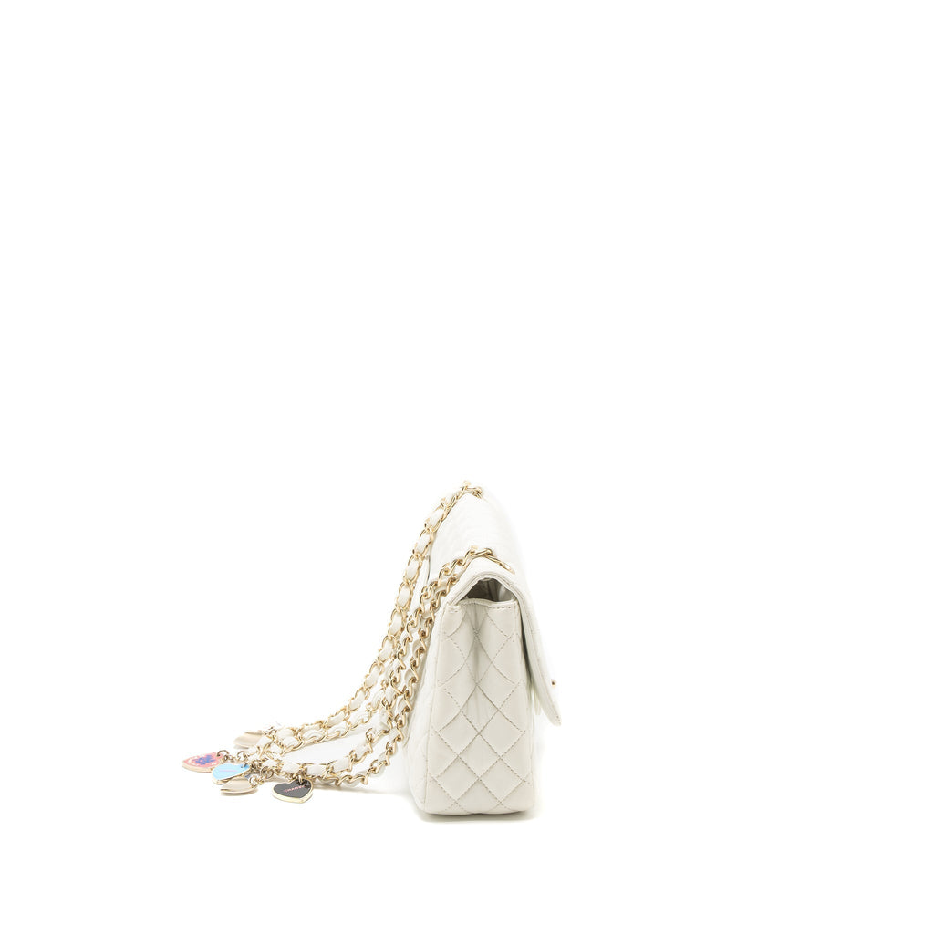 CHANEL QUILTED FLAP BAG WITH HEART CHARM LAMBSKIN WHITE LGHW