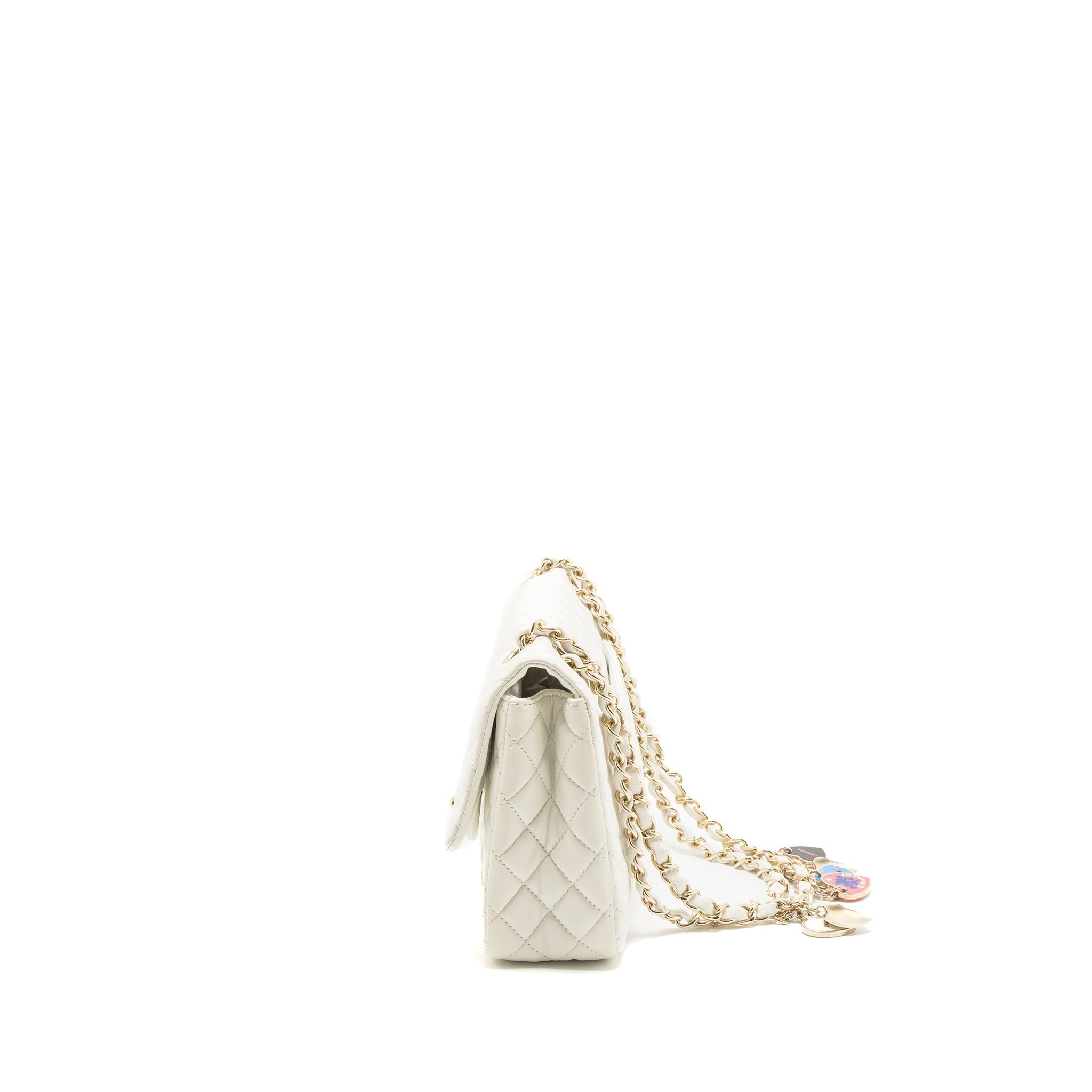 CHANEL QUILTED FLAP BAG WITH HEART CHARM LAMBSKIN WHITE LGHW