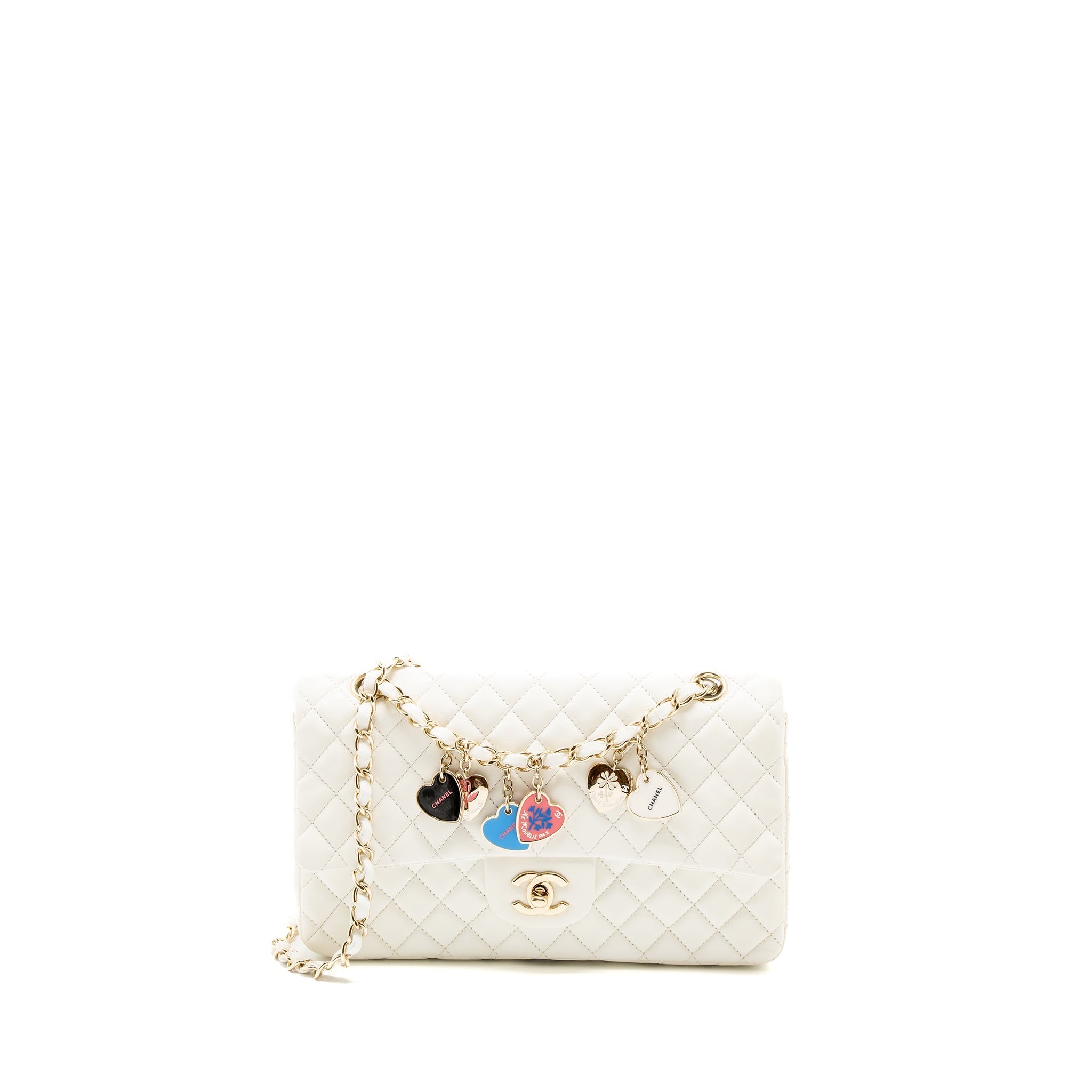 CHANEL QUILTED FLAP BAG WITH HEART CHARM LAMBSKIN WHITE LGHW