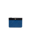CHANEL CC LOGO QUILTED ZIP POUCH / CLUTCH SHINY SHEEPSKIN BLACK/ BLUE GHW