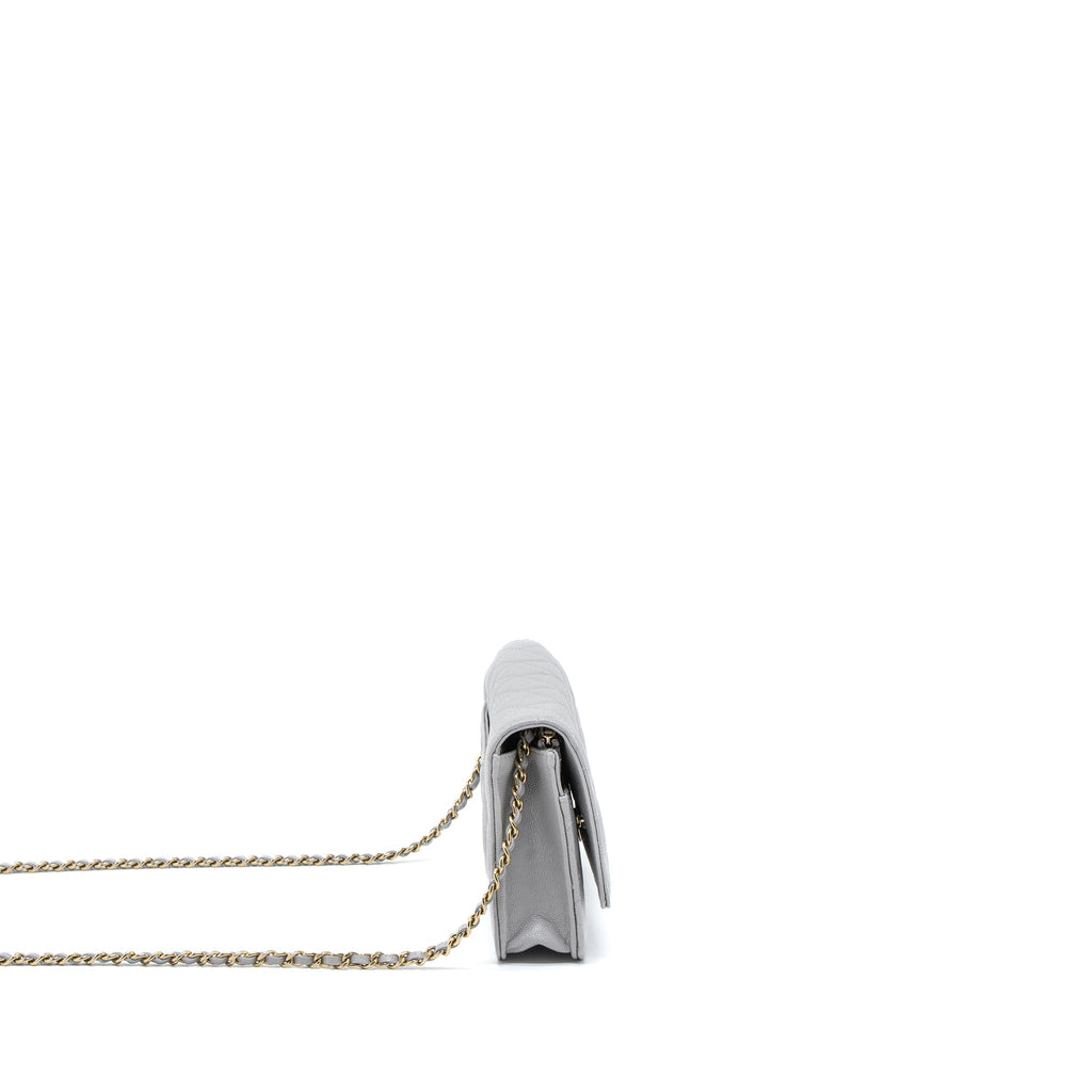 CHANEL CLASSIC WALLET ON CHAIN CAVIAR LIGHT GREY LGHW (MICROCHIP)