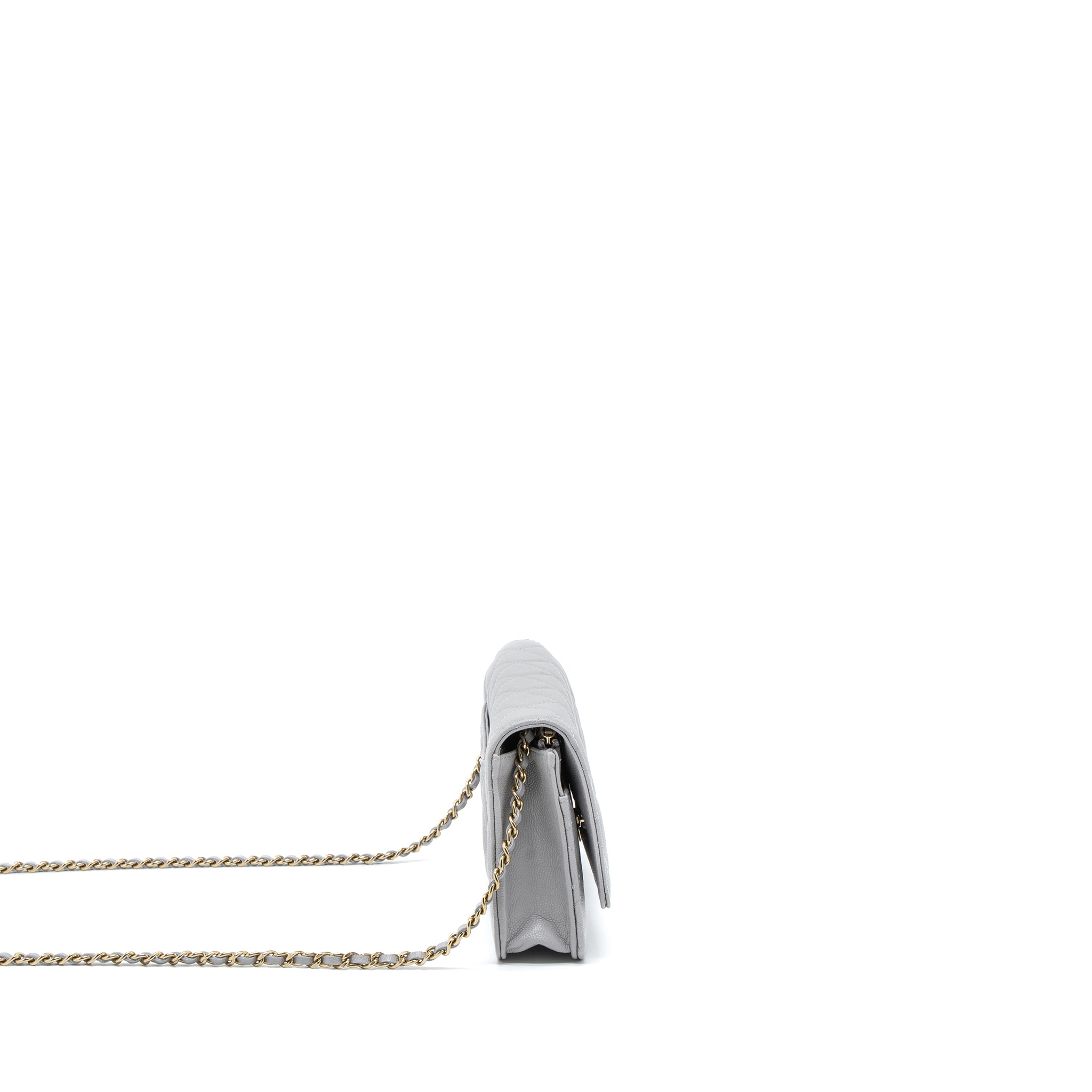 CHANEL CLASSIC WALLET ON CHAIN CAVIAR LIGHT GREY LGHW (MICROCHIP)