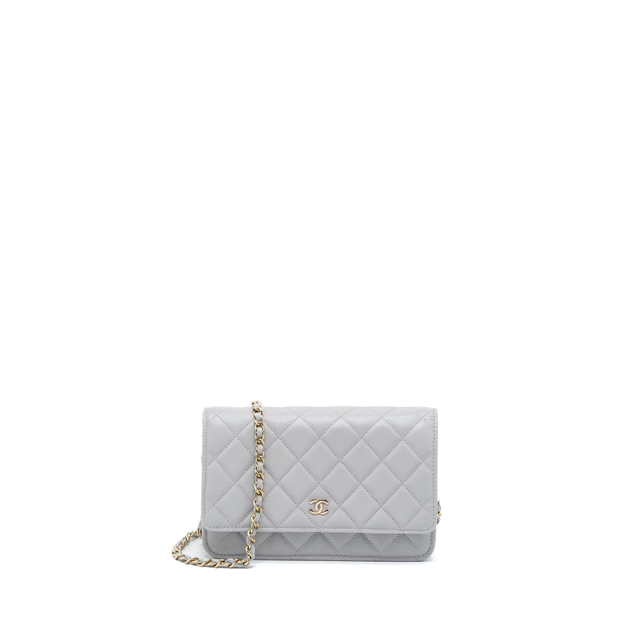 CHANEL CLASSIC WALLET ON CHAIN CAVIAR LIGHT GREY LGHW (MICROCHIP)
