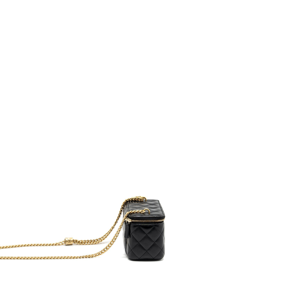 CHANEL 22K GOLD PILLAR ADJUSTABLE CHAIN LONG VANITY LAMBSKIN BLACK GHW (MICROCHIP)