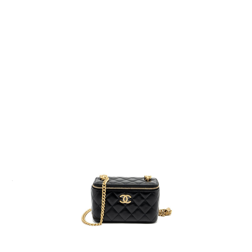 CHANEL 22K GOLD PILLAR ADJUSTABLE CHAIN LONG VANITY LAMBSKIN BLACK GHW (MICROCHIP)