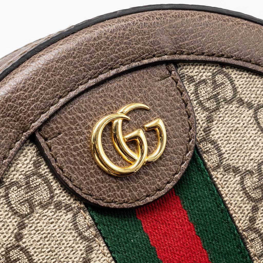 GUCCI OPHIDIA GG MINI ROUND SHOULDER BAG GG SUPREME CANVAS / BROWN GHW