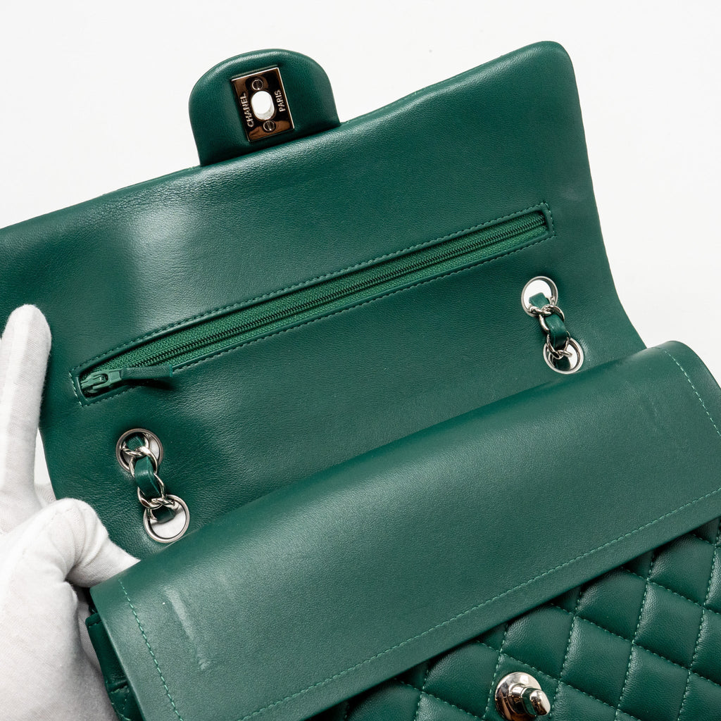 CHANEL MEDIUM CLASSIC DOUBLE FLAP BAG LAMBSKIN GREEN SHW