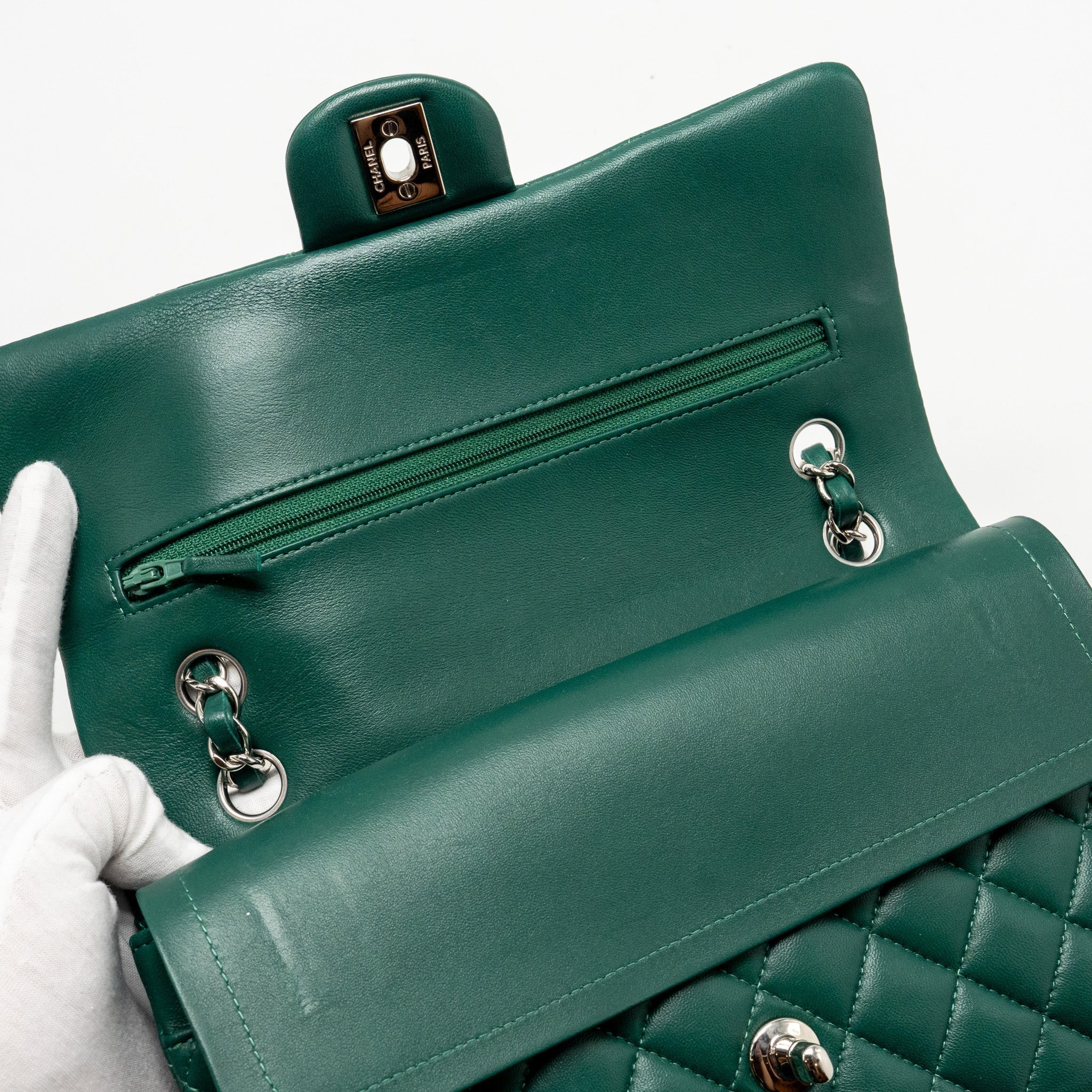 CHANEL MEDIUM CLASSIC DOUBLE FLAP BAG LAMBSKIN GREEN SHW