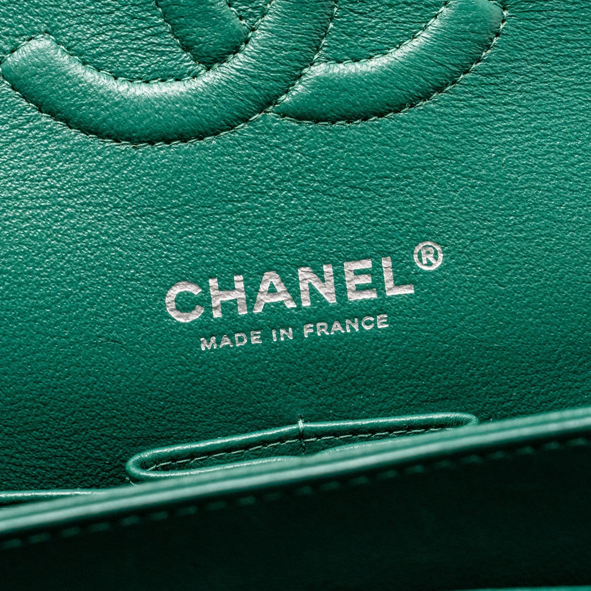 CHANEL MEDIUM CLASSIC DOUBLE FLAP BAG LAMBSKIN GREEN SHW