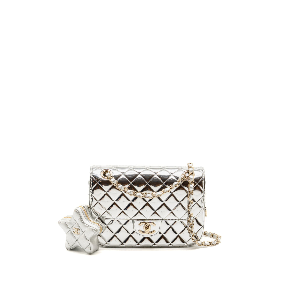 Chanel 24C Small Hollywood Boulevard Flap Bag with Star Coin Purse Patent/Calfskin Metallic Silver LGHW (Microchip)