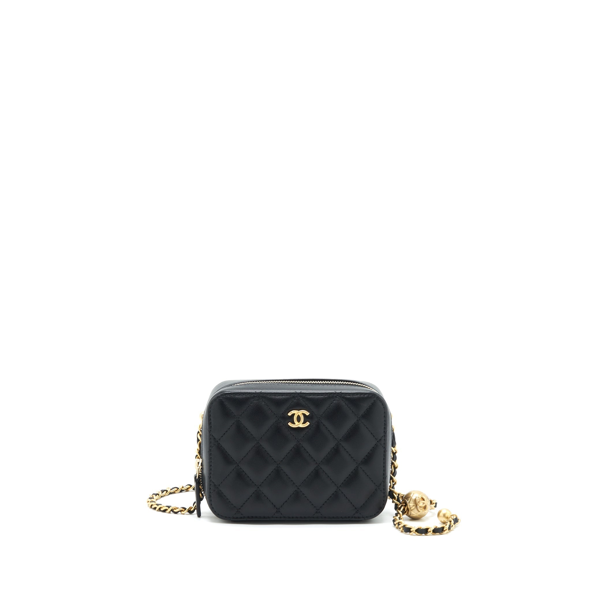 CHANEL PEARL CRUSH MINI CAMERA CASE WITH CHAIN LAMBSKIN BLACK GHW