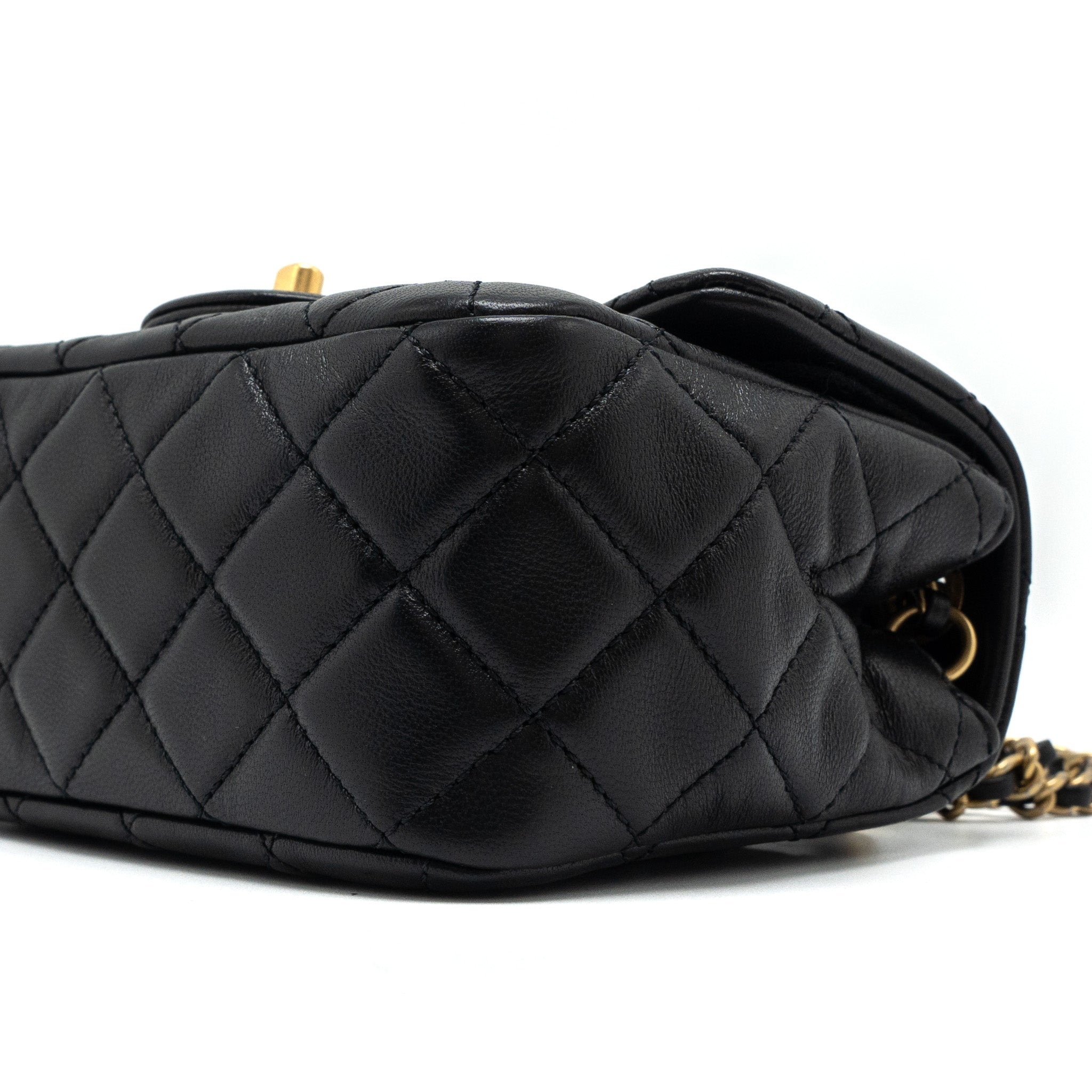 CHANEL PEARL CRUSH MINI SQUARE FLAP BAG LAMBSKIN BLACK BRUSHED GHW (MICROCHIP)