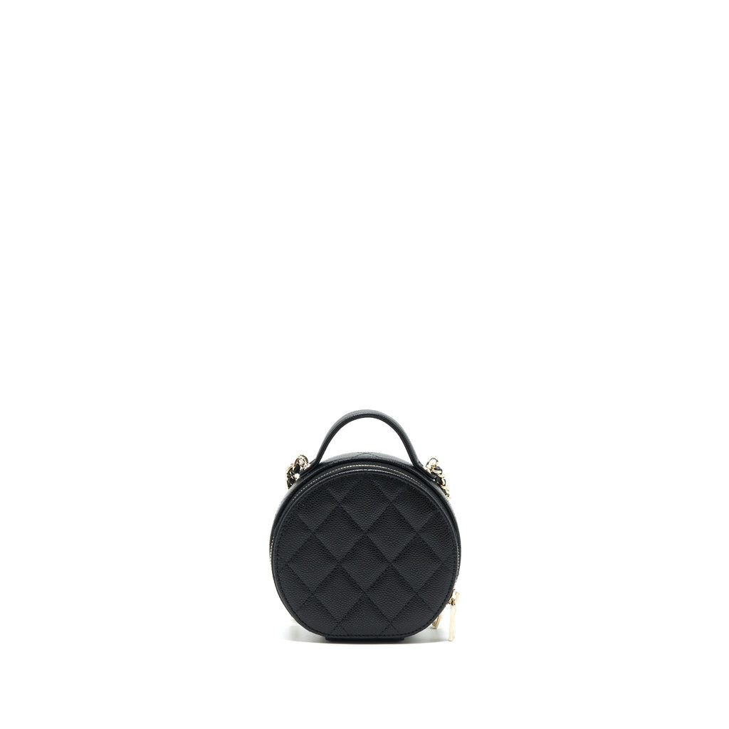 CHANEL 22C TOP HANDLE MINI ROUND VANITY ON CHAIN CAVIAR BLACK LGHW