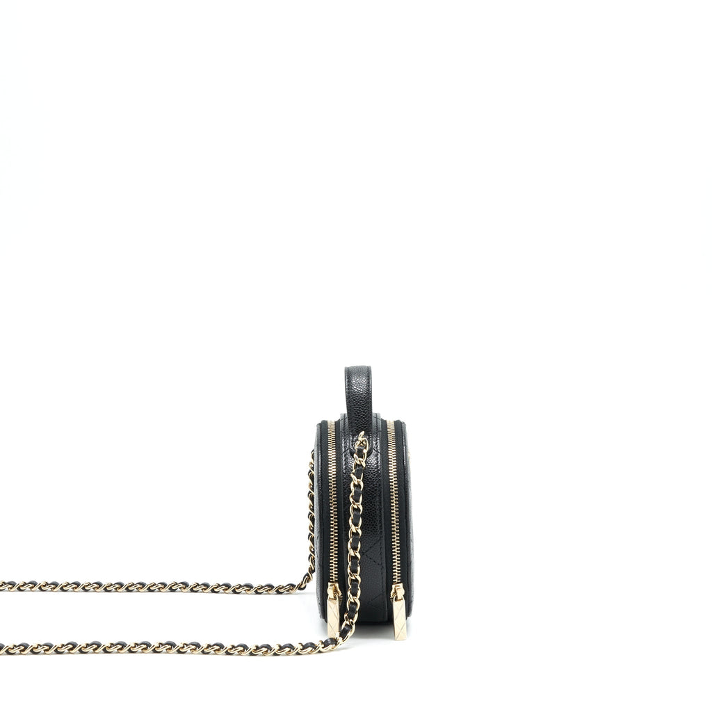 CHANEL 22C TOP HANDLE MINI ROUND VANITY ON CHAIN CAVIAR BLACK LGHW
