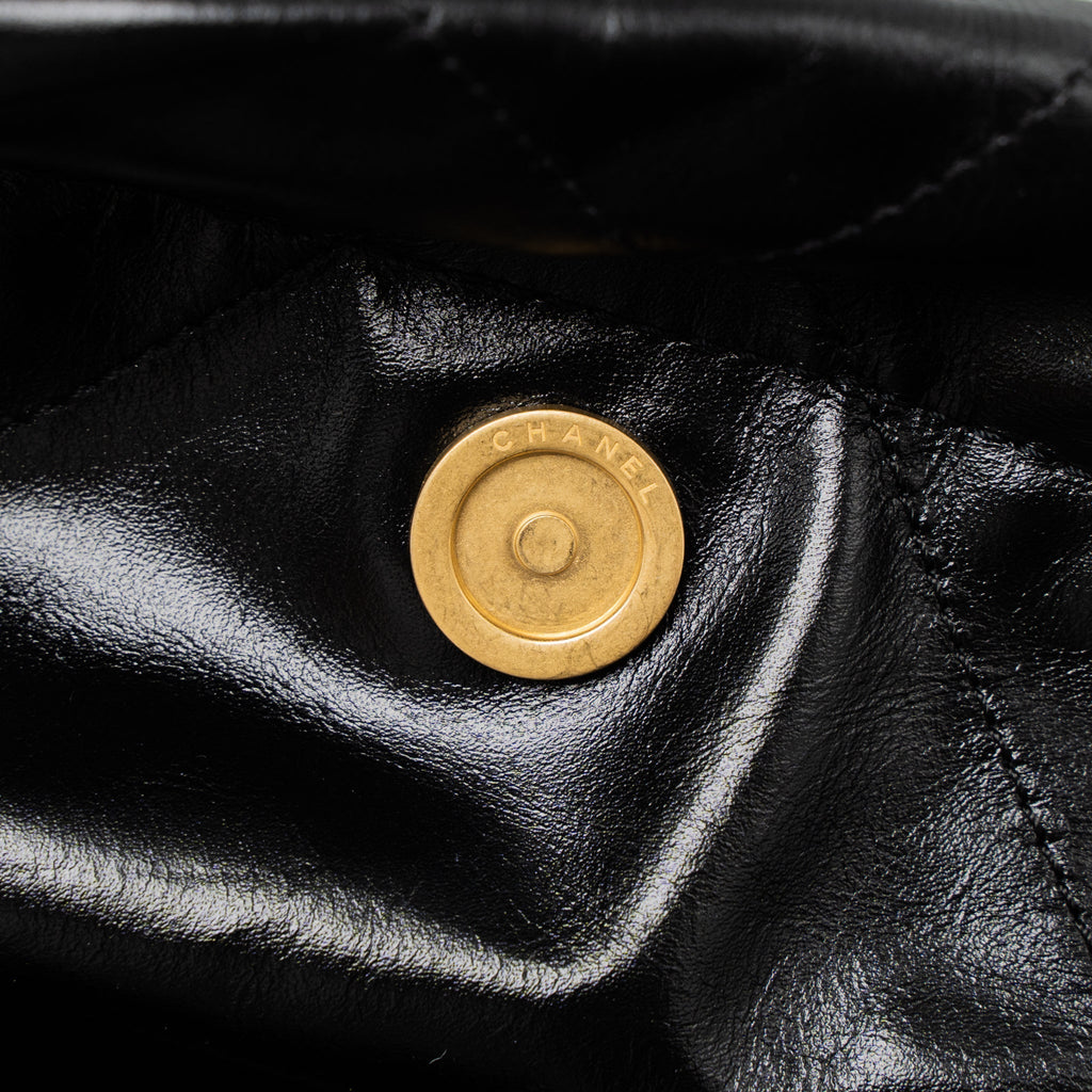 CHANEL SMALL 22 BAG GOLD LETTER SHINY CALFSKIN BLACK BRUSHED GHW (MICROCHIP)