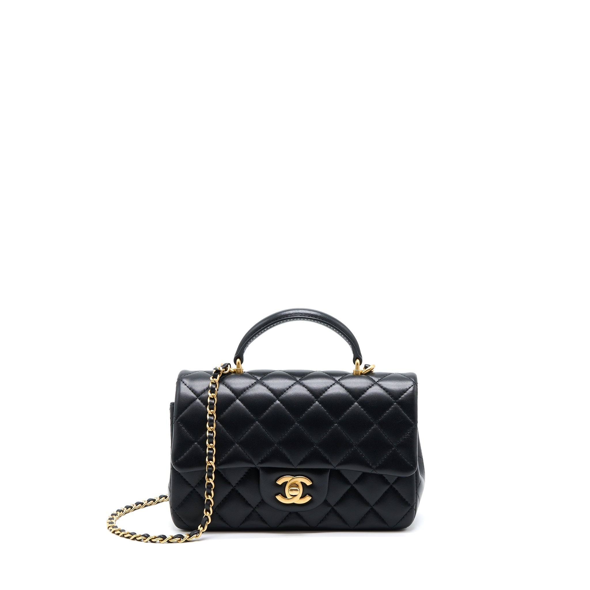 CHANEL 21K TOP HANDLE MINI RECTANGULAR FLAP BAG LAMBSKIN BLACK BRUSHED GHW(MICROCHIP)