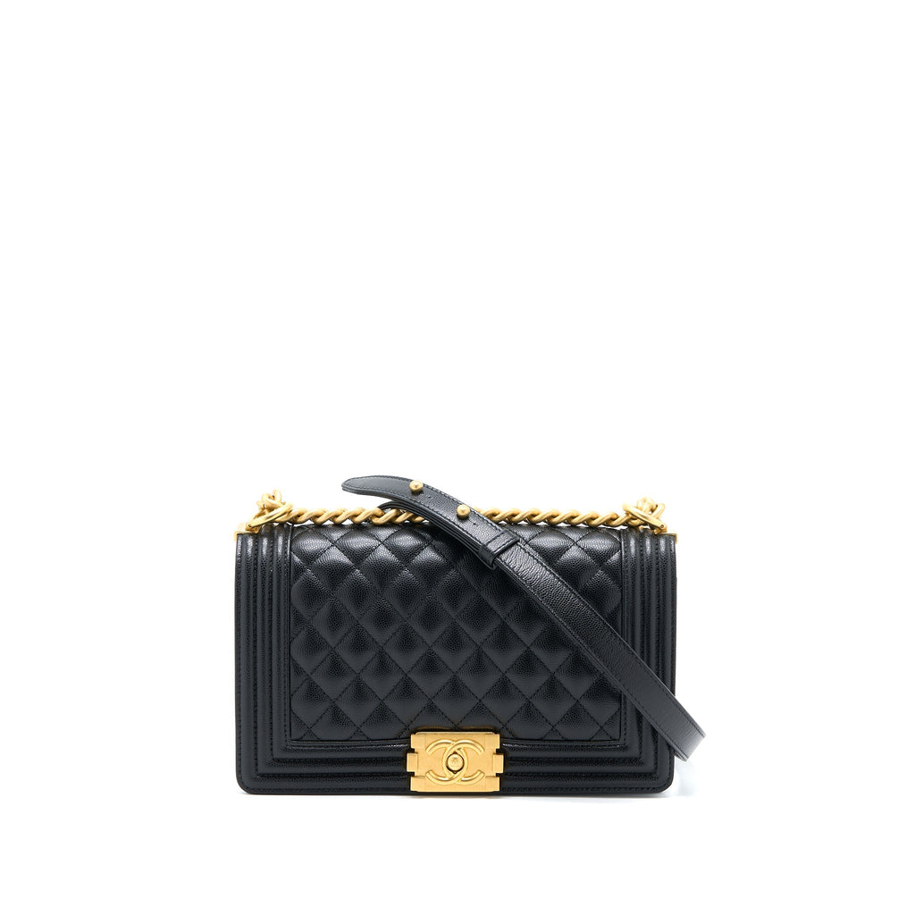 CHANEL MEDIUM BOY BAG CAVIAR BLACK BRUSHED GHW (MICROCHIP)