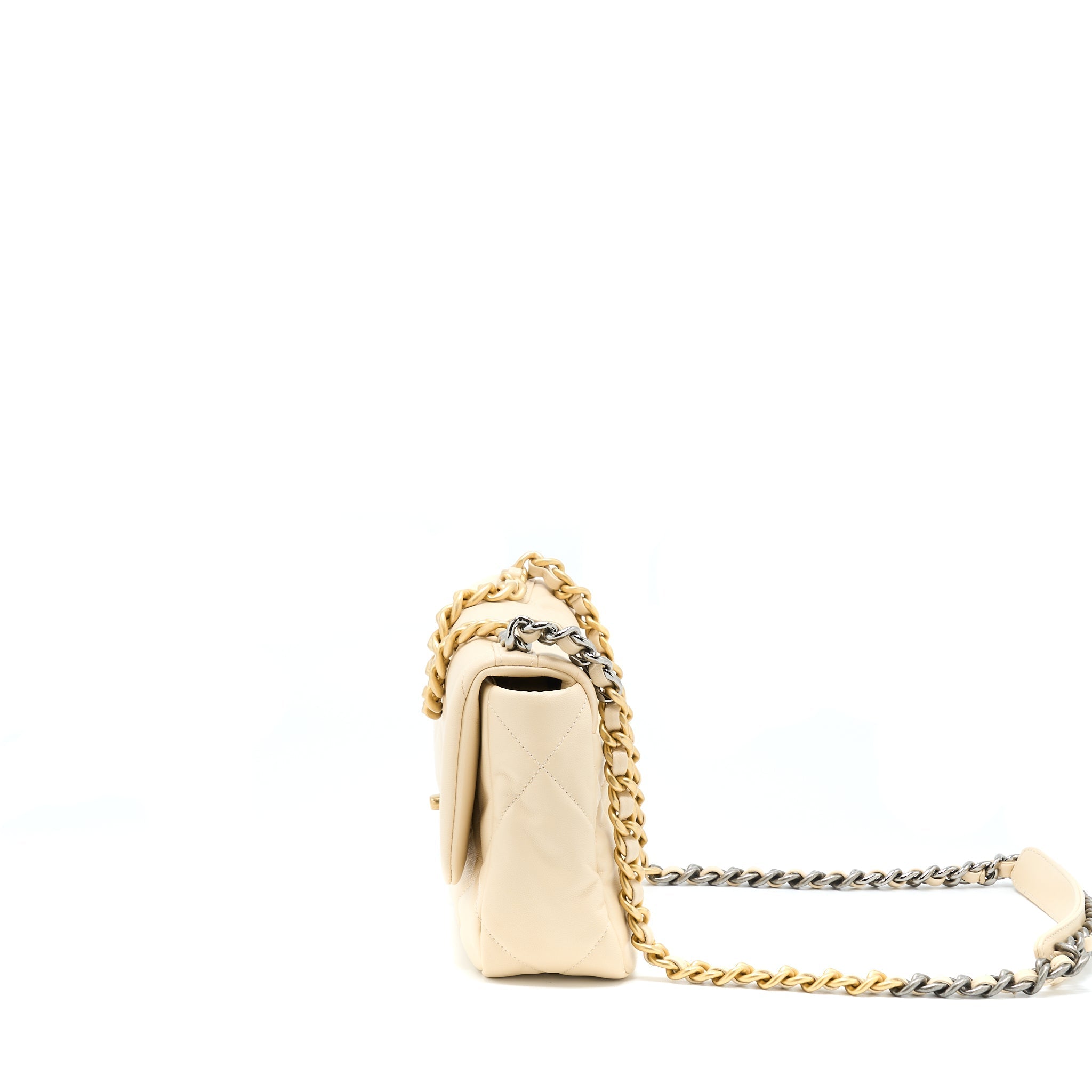 CHANEL SMALL 19 BAG GOATSKIN BEIGE WITH MULTICOLOUR HARDWARE