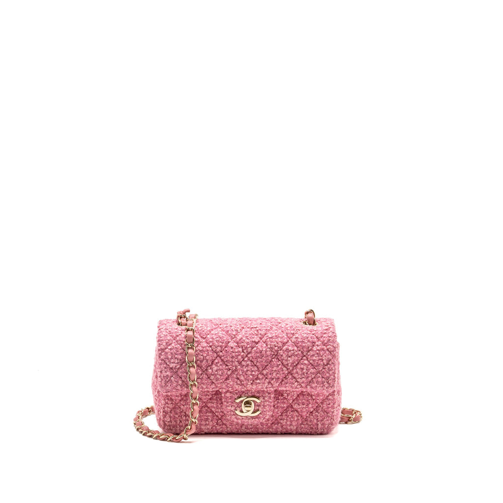 Chanel classic mini rectangular flap bag tweed pink LGHW (microchip)