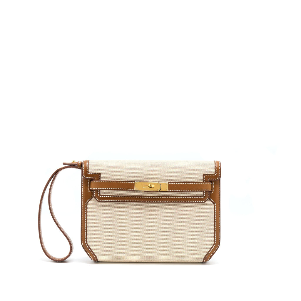 HERMES POCHETTE KELLY DEPECHES 25 CANVAS AND BARENIA, ECRU/ BEIGE / FAUVE GHW