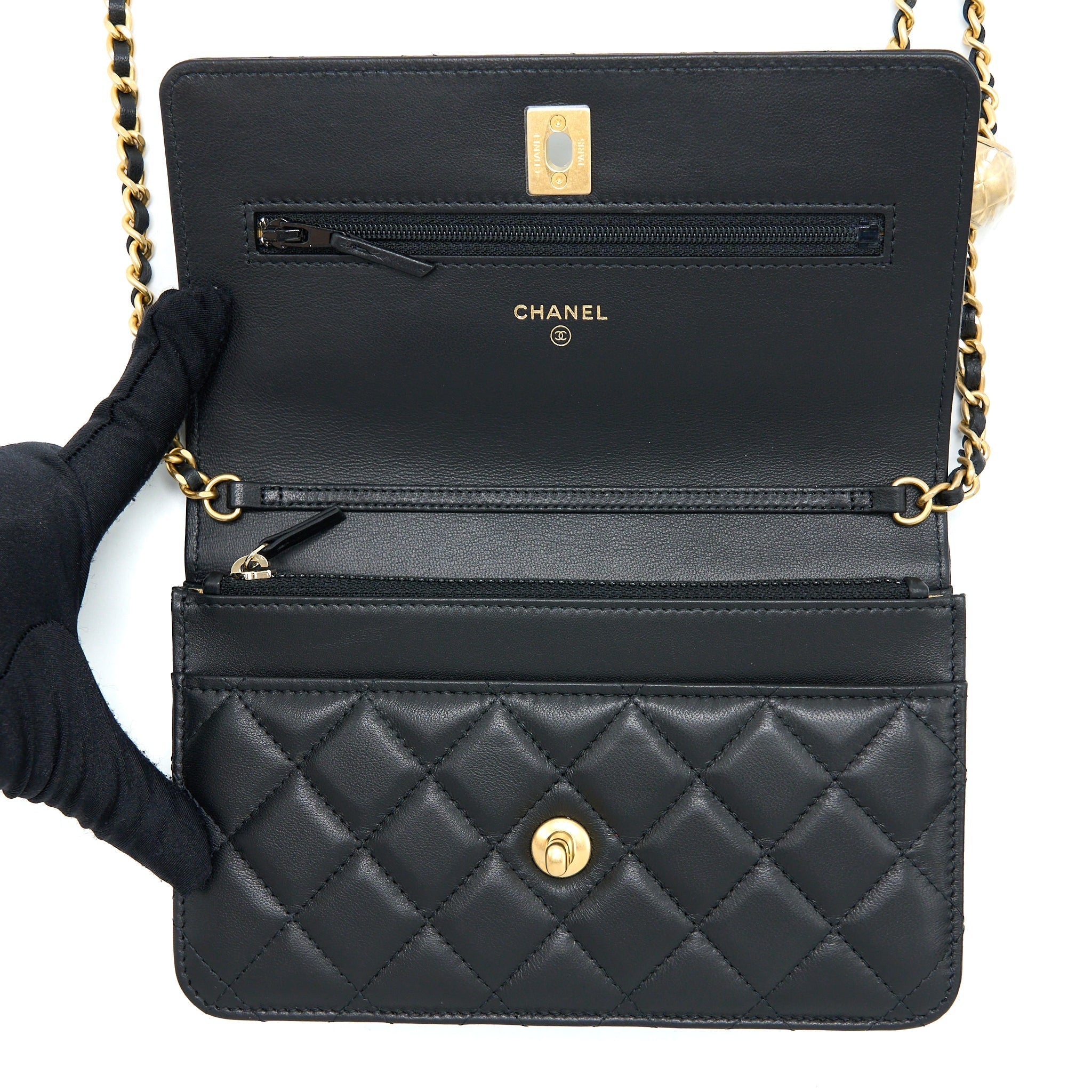 CHANEL PEARL CRUSH WALLET ON CHAIN LAMBSKIN BLACK BRUSHED GHW (MICROCHIP)