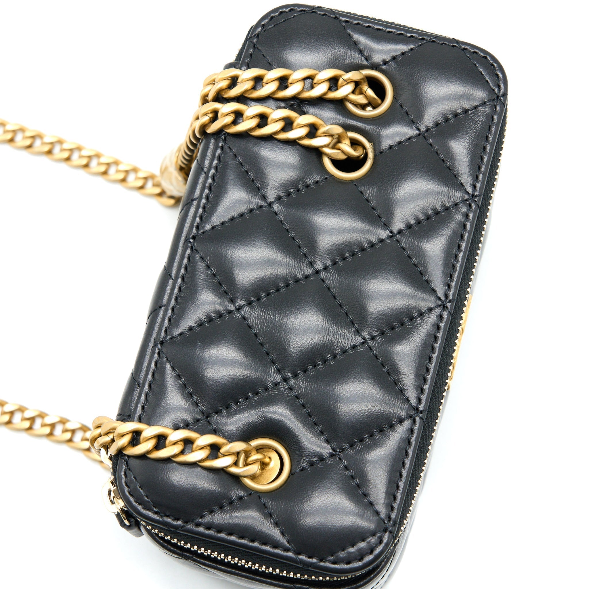CHANEL 22K GOLD PILLAR ADJUSTABLE CHAIN LONG VANITY LAMBSKIN BLACK GHW
