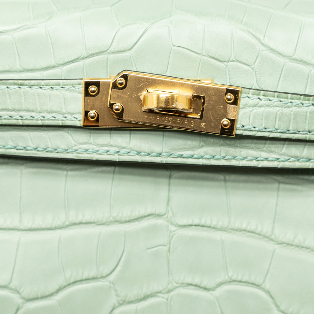 HERMES MINI KELLY ALLIGATOR MISSISSIPPIENSIS MATTE 6U VERT D’EAU GHW
