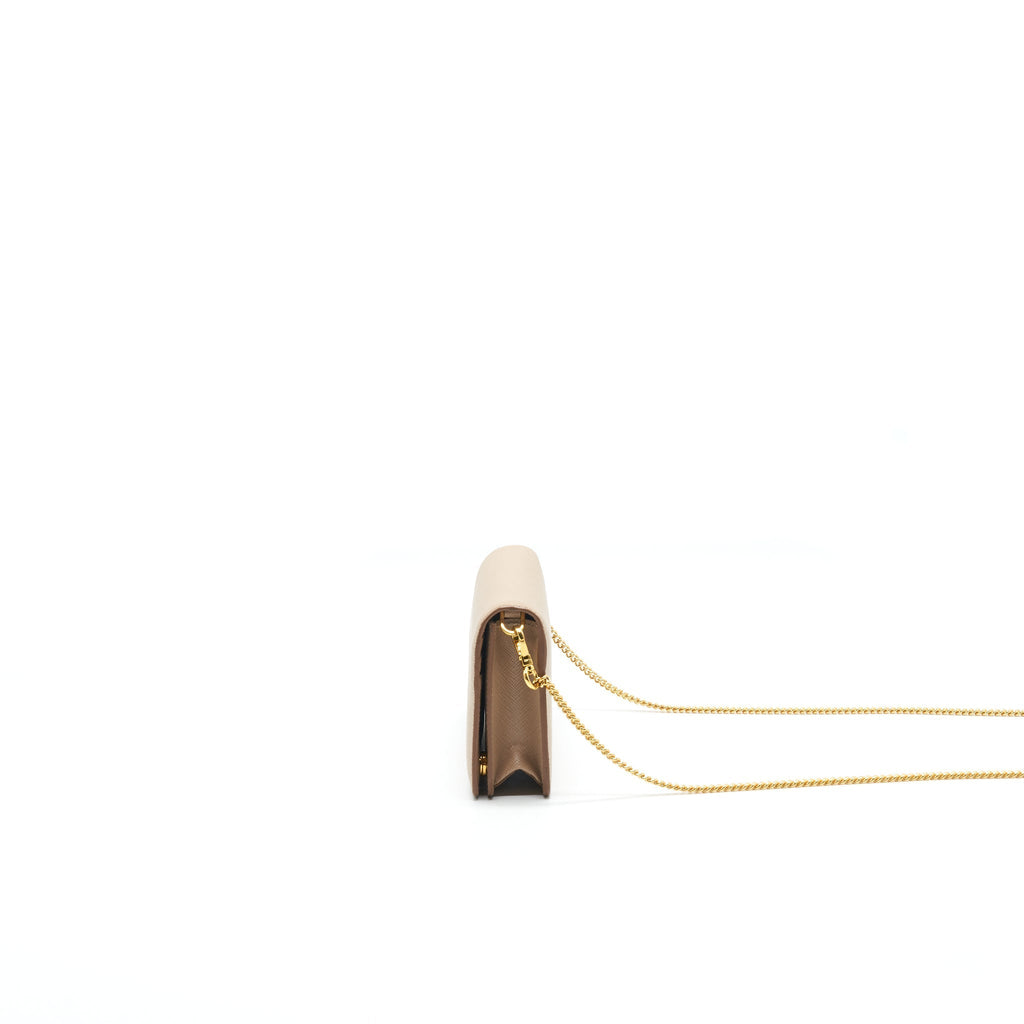 PRADA GIADA SAFFIANO LEATHER WALLET ON CHAIN BEIGE