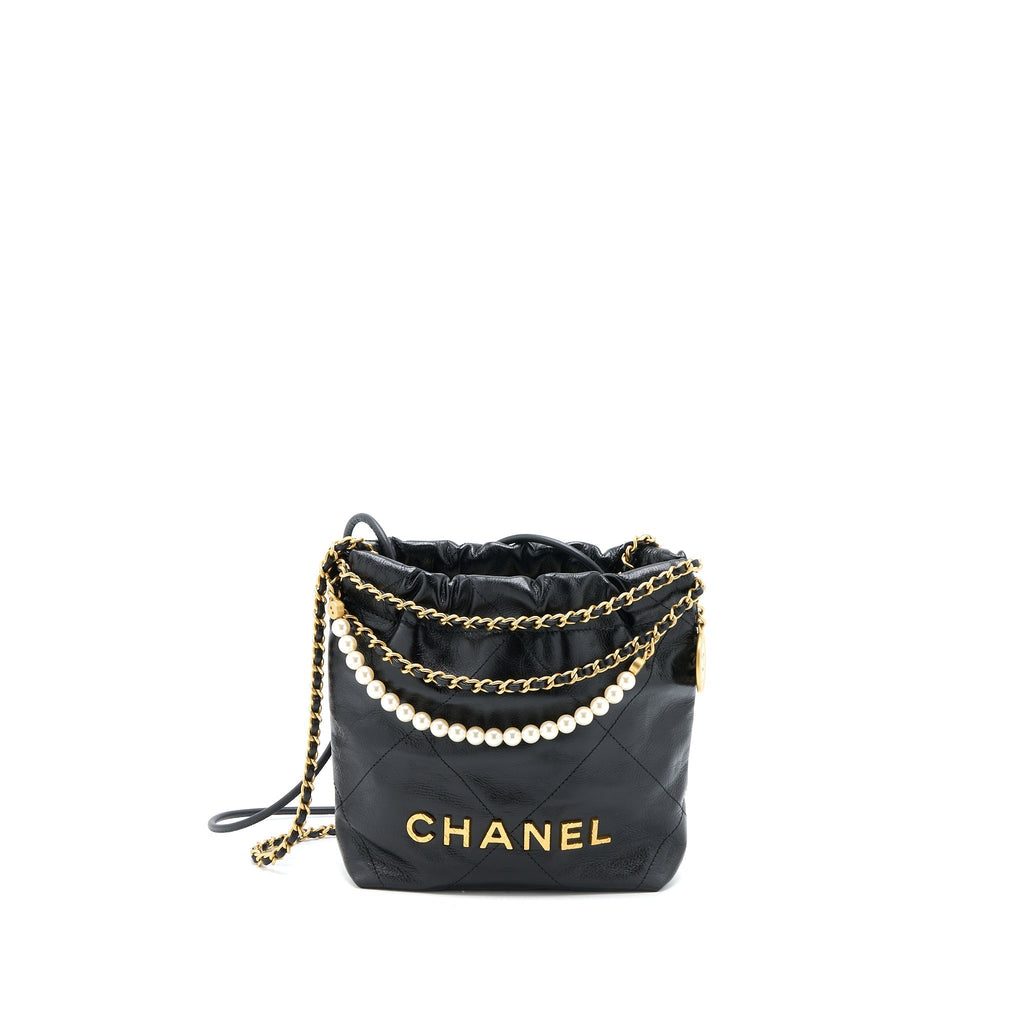 CHANEL 23S MINI 22 BAG WITH PEARL SHINY CALFSKIN BLACK GHW (MICROCHIP)