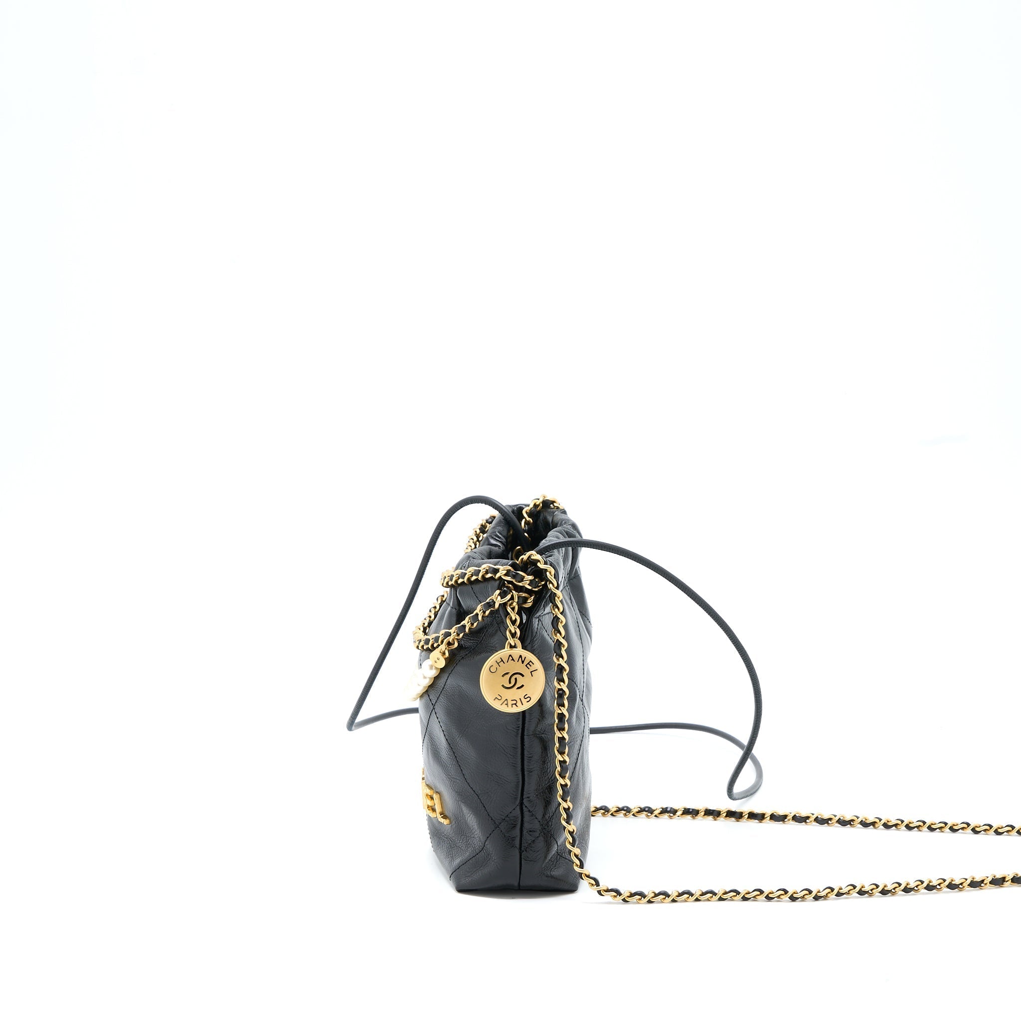 CHANEL 23S MINI 22 BAG WITH PEARL SHINY CALFSKIN BLACK GHW (MICROCHIP)