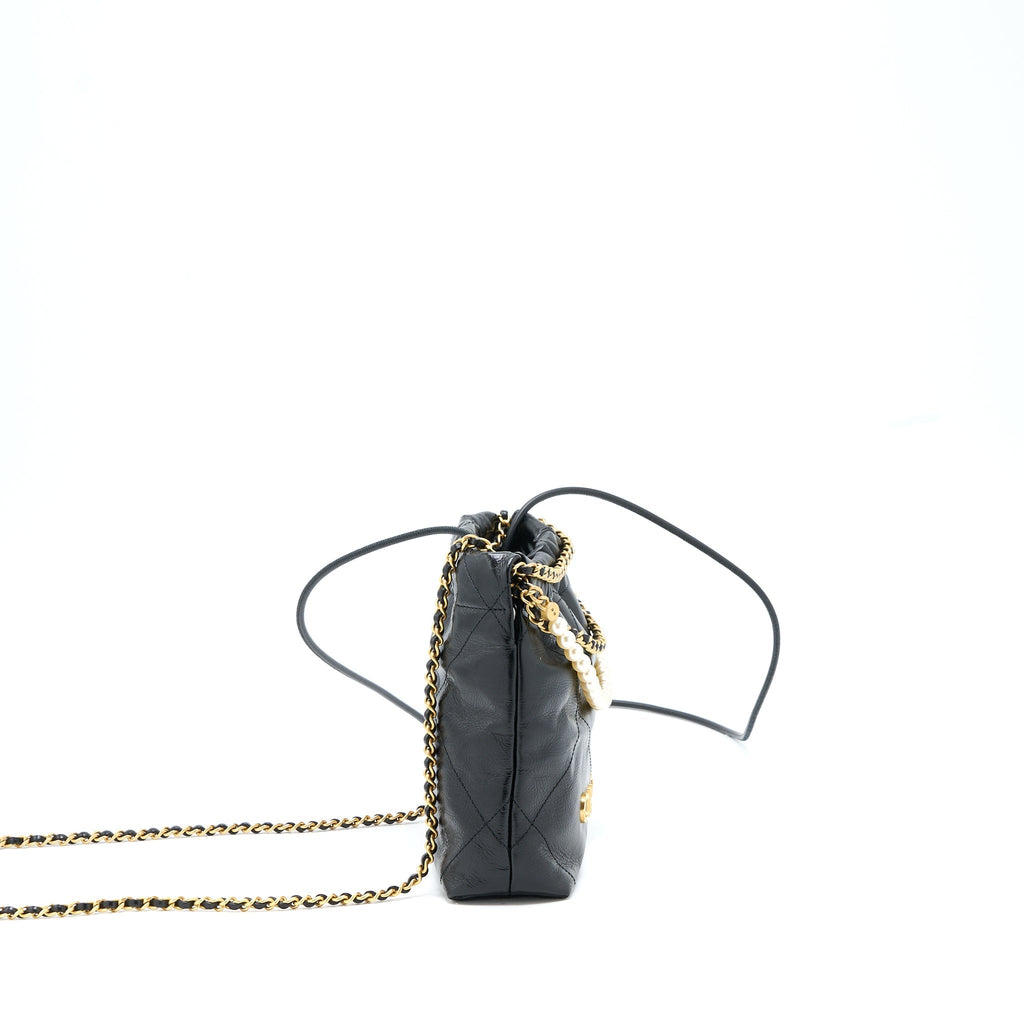 CHANEL 23S MINI 22 BAG WITH PEARL SHINY CALFSKIN BLACK GHW (MICROCHIP)